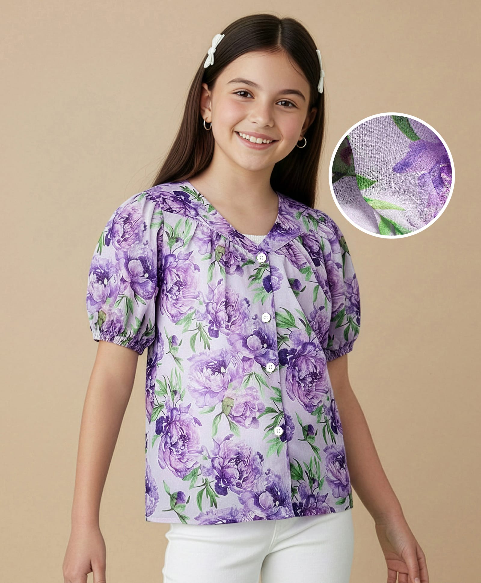 Pine Kids Half Sleeves Woven Top and Inner T-Shirt With Floral Print - Purple & White-picture-28