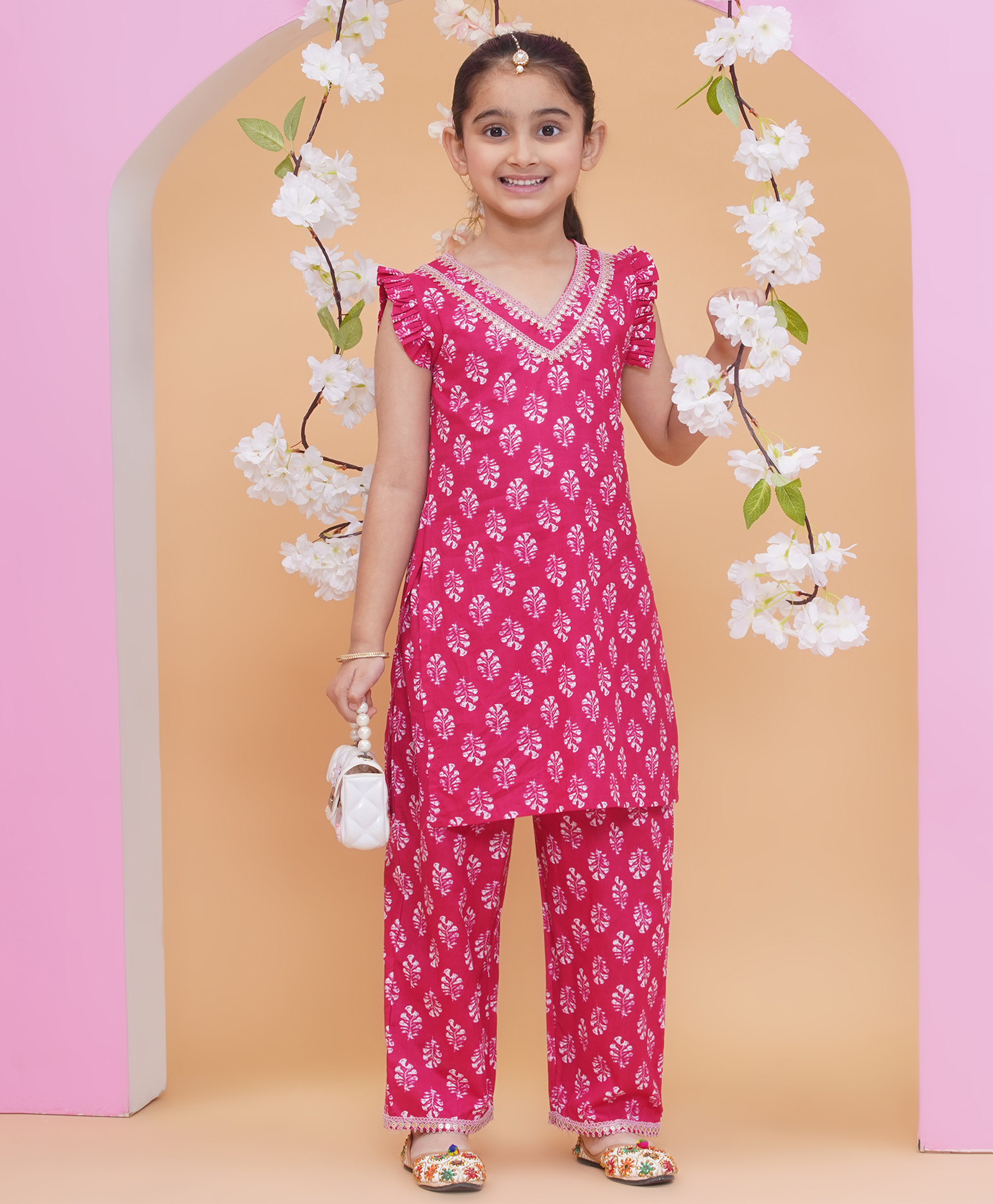 MODISH COUTURE Cotton Woven Frill Sleeves Floral Woven Sleeveless Floral Printed & Gota Lace Embellished Coordinating Kurti Pant Set - Pink-image-25