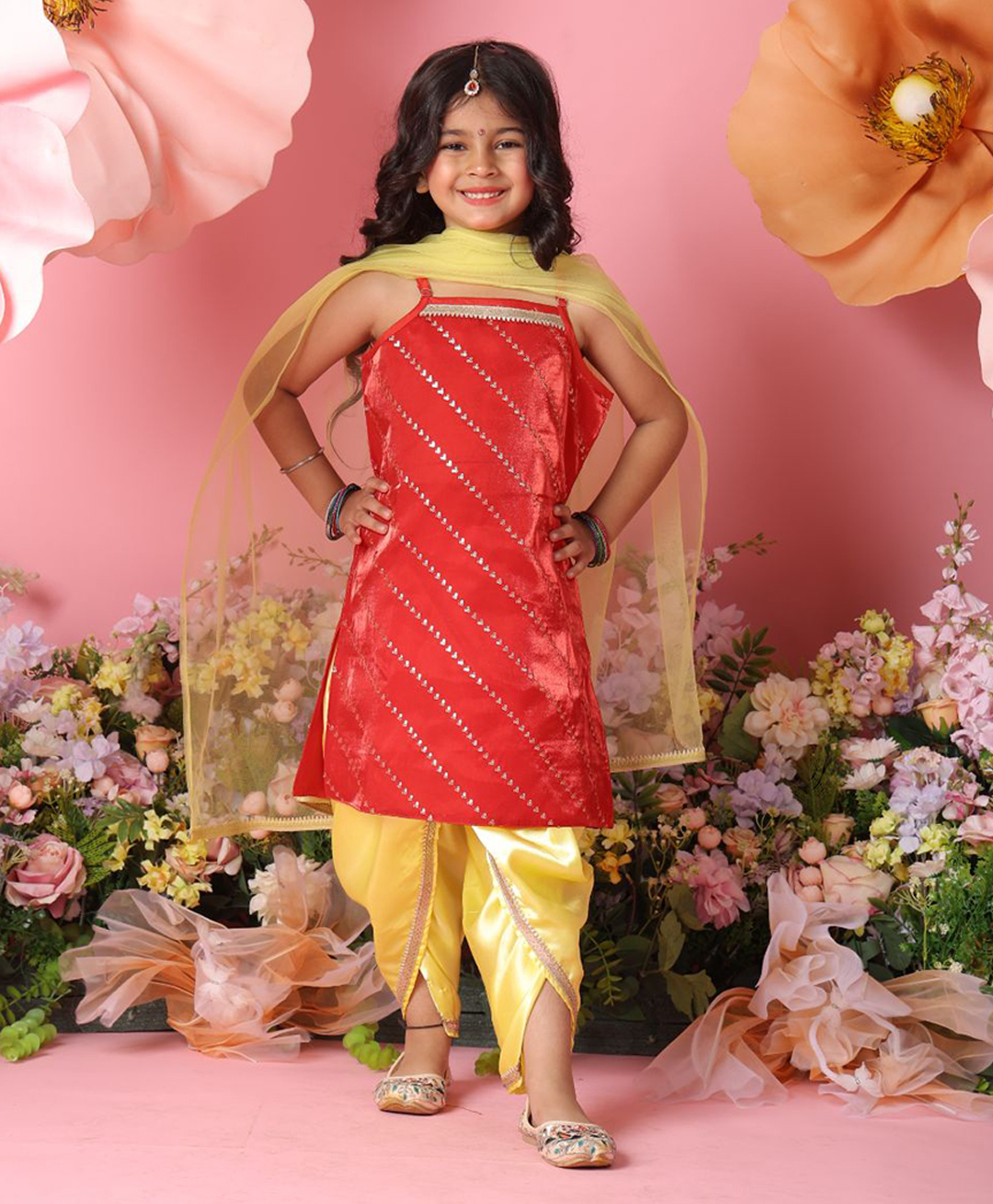 Saka Designs By Sapna Blended Woven Sleeveless Threadwork Embroidered Sequins & Lace Embellished Dhoti Kurti With Dupatta Set - Red & Yellow-image-5