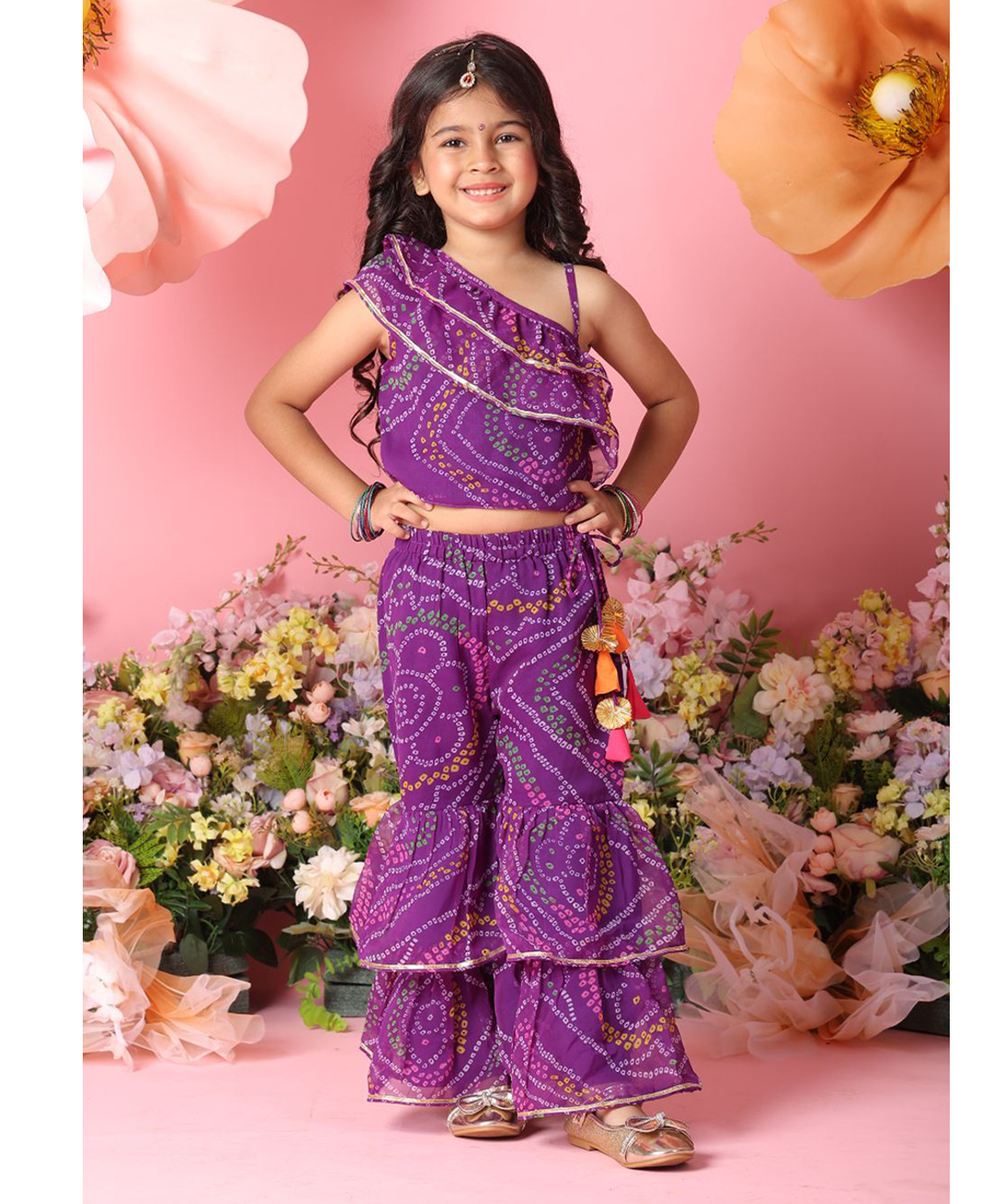 Saka Designs By Sapna Georgette Woven Sleeveless Bandhani Designed Gota Lace Embellished Asymmetrical Neck Top & Sharara Set - Purple-picture-23