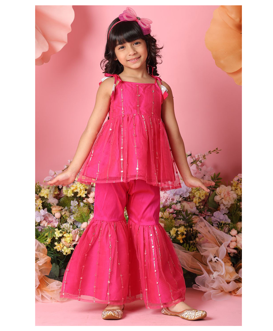 Saka Designs By Sapna Net Woven Sleeveless Sequins & Mirror Work Embellished Coordinating Peplum Top With Sharara Set - Pink-picture-28