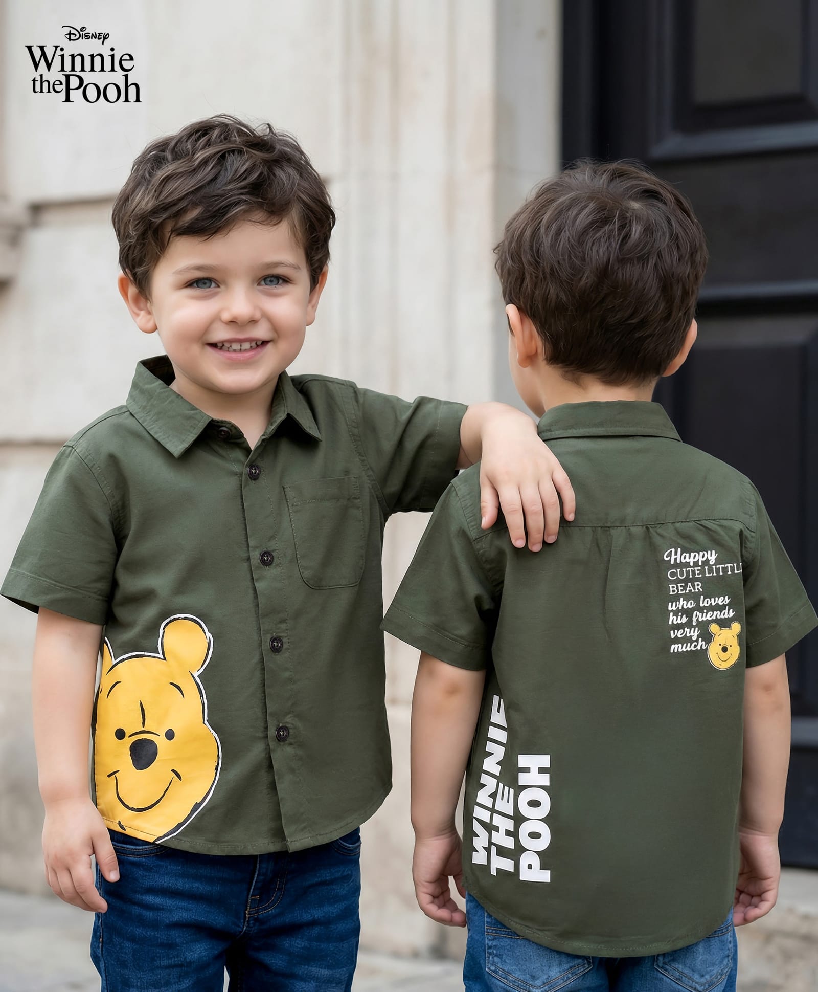 Babyhug Disney Poplin Woven Half Sleeves Printed Shirt with Winnie the Pooh Graphic -Olive Green-picture-26
