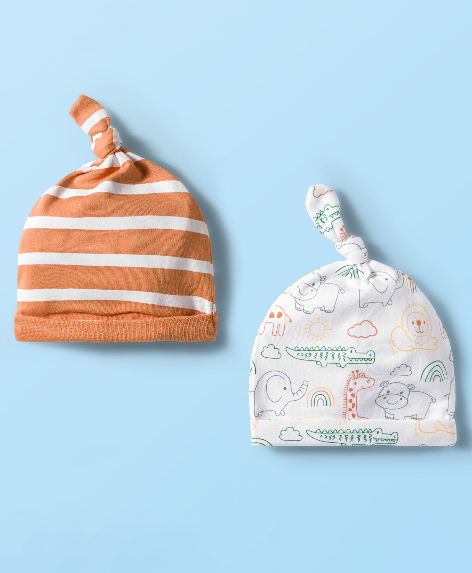 Babyhug 100% Cotton Knit Knot Cap With Stripes & Animal Print Pack of 2 White & Orange - Diameter 17.5 cm-image-48