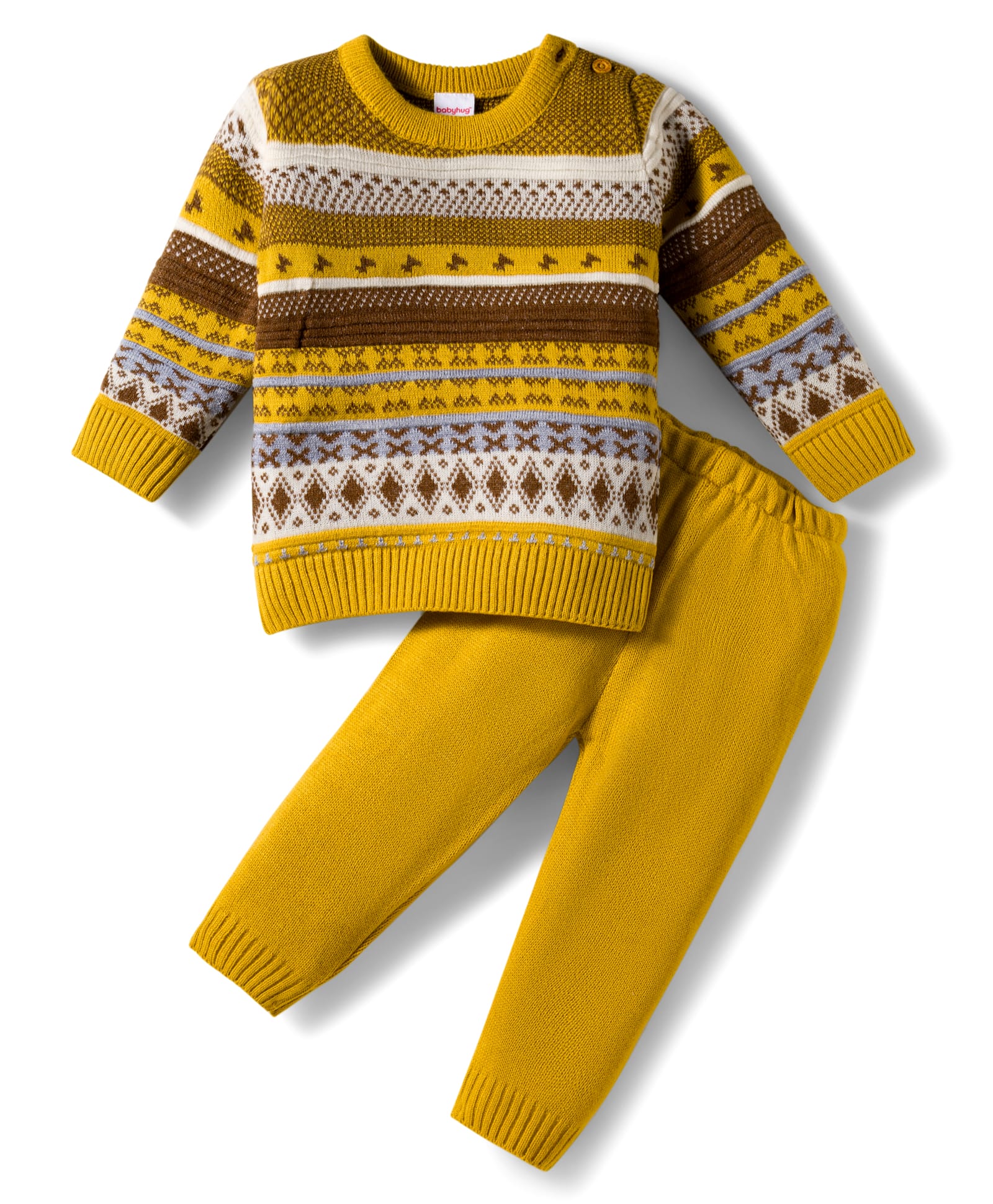 Babyhug Knit Full Sleeves Pullover Sweater Set With Aztec Design - Mustard-picture-19