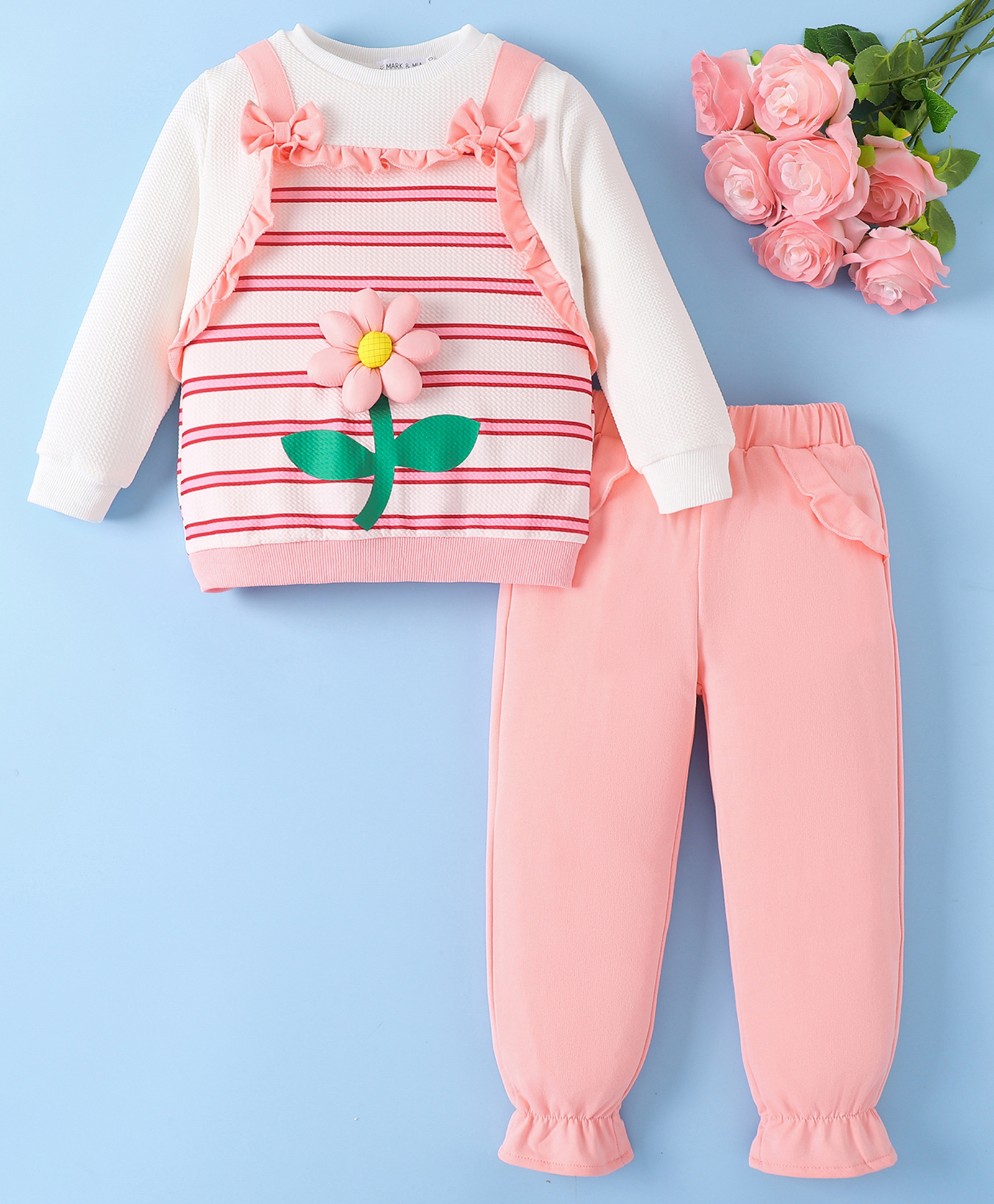 Mark & Mia Full Sleeves Winter Top & Pant Set With Floral Applique & Stripes - Pink