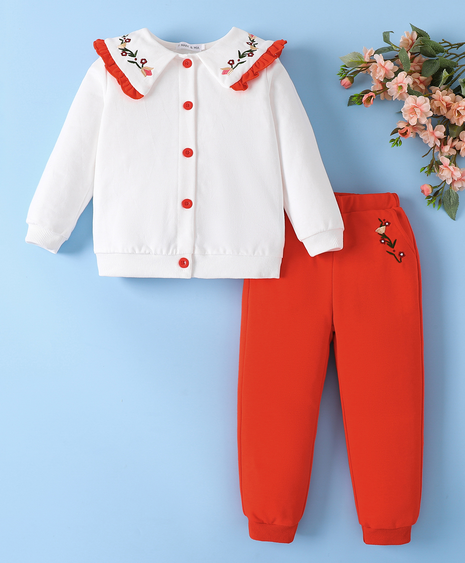 Mark & Mia Cotton Full Sleeves Top & Pant Set With Collar Neck & Floral Print - White & Orange-image-40