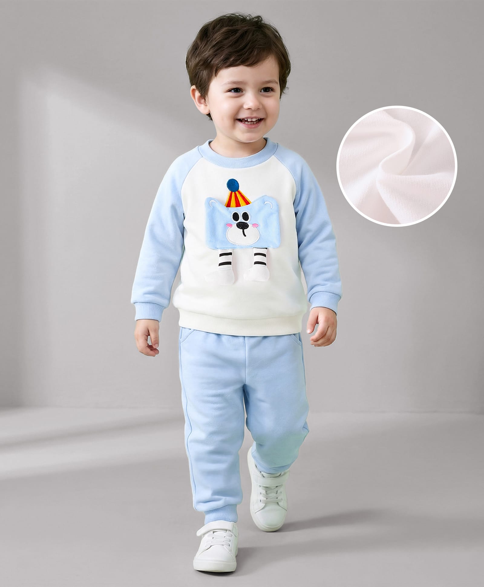 Mark & Mia Full Raglan Sleeves WinterT-Shirt & Lounge Pant Set With Tiger Applique - Light Blue & White-picture-32