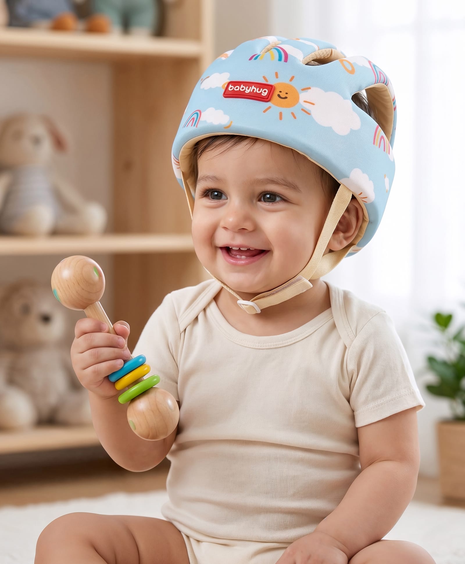 Babyhug Baby Safety Helmet with Rainbow Clouds & Sunshine Print| Head Protector for Crawling Walking & Playing| 100% Cotton Lining| Soft Padding| Adjustable Design| Adequate Ventilation| 360° Coverage-image-2