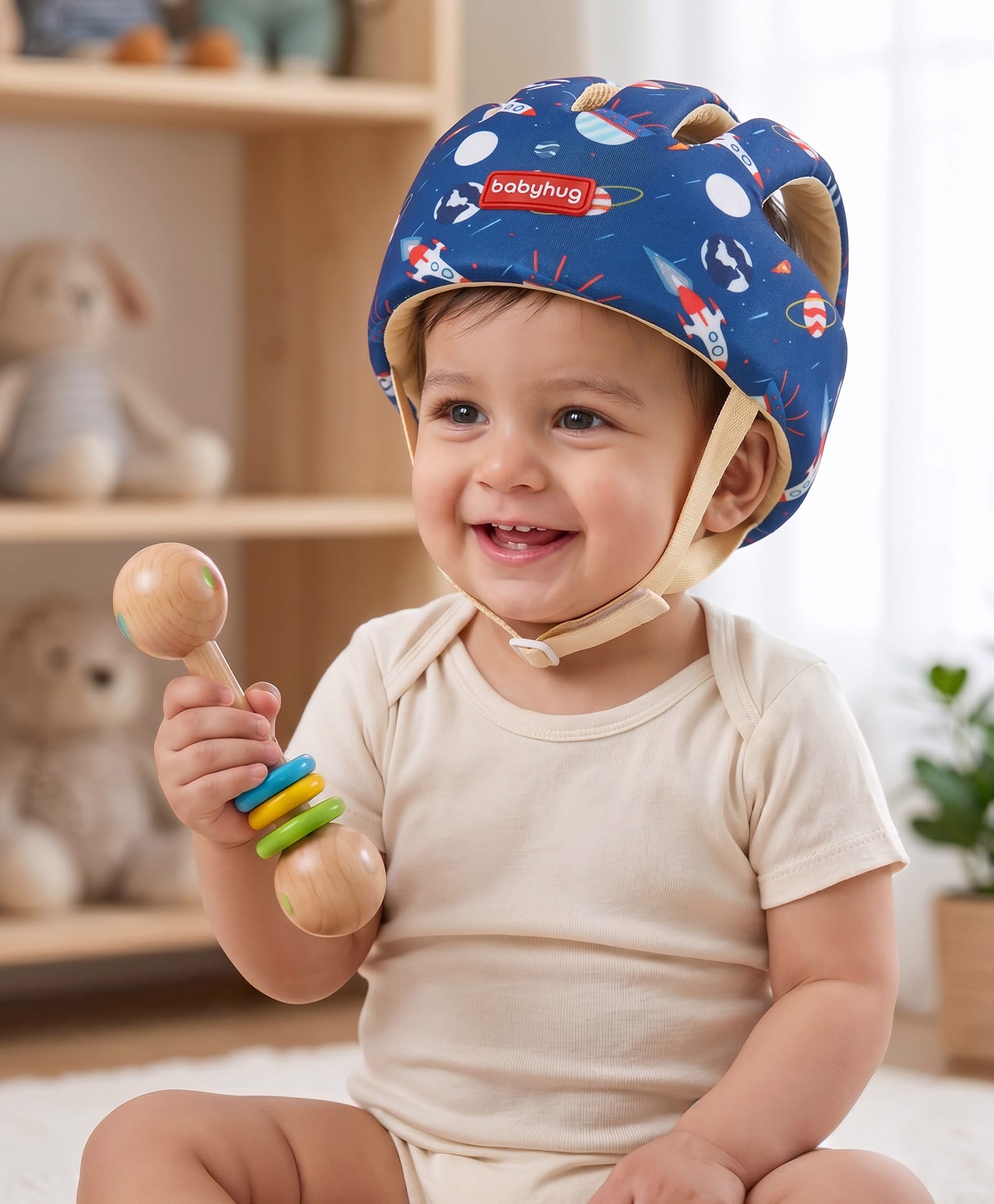 Babyhug Baby Safety Helmet with Space Rocket & Planet Print| Head Protector for Crawling Walking & Playing| 100% Cotton Lining| Soft Padding| Adjustable Design| Adequate Ventilation| 360° Coverage-image-3