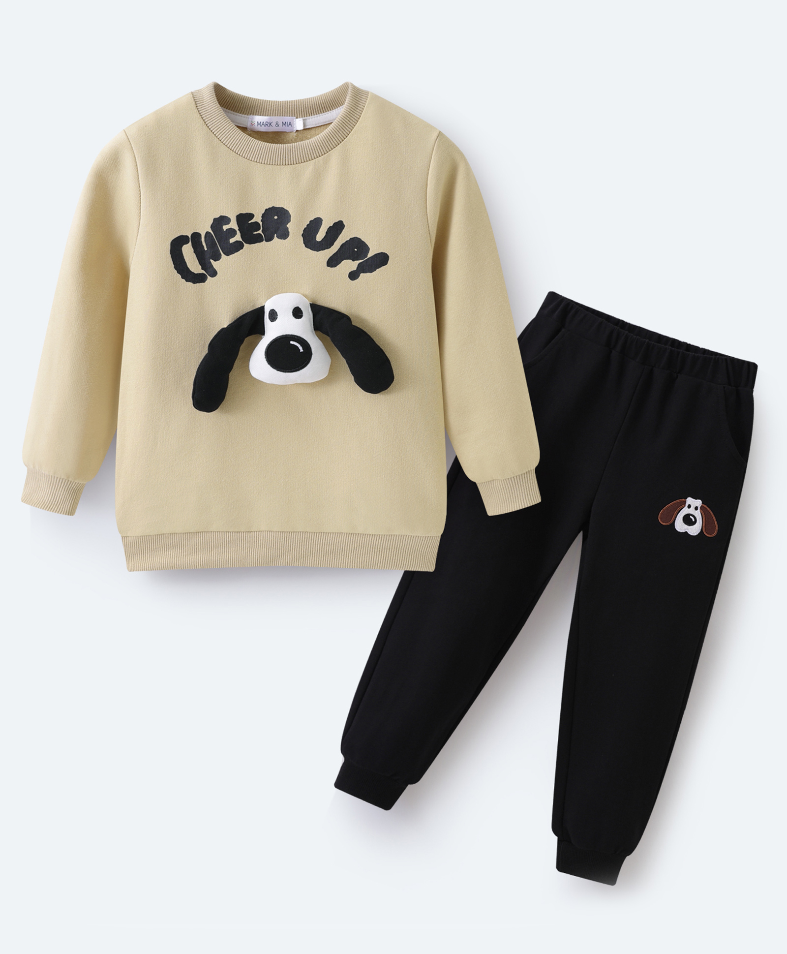Mark & Mia Cotton Full Sleeves Winter Wear T-Shirt & Lounge Pant Set With Dog Applique & Text Print - Khaki