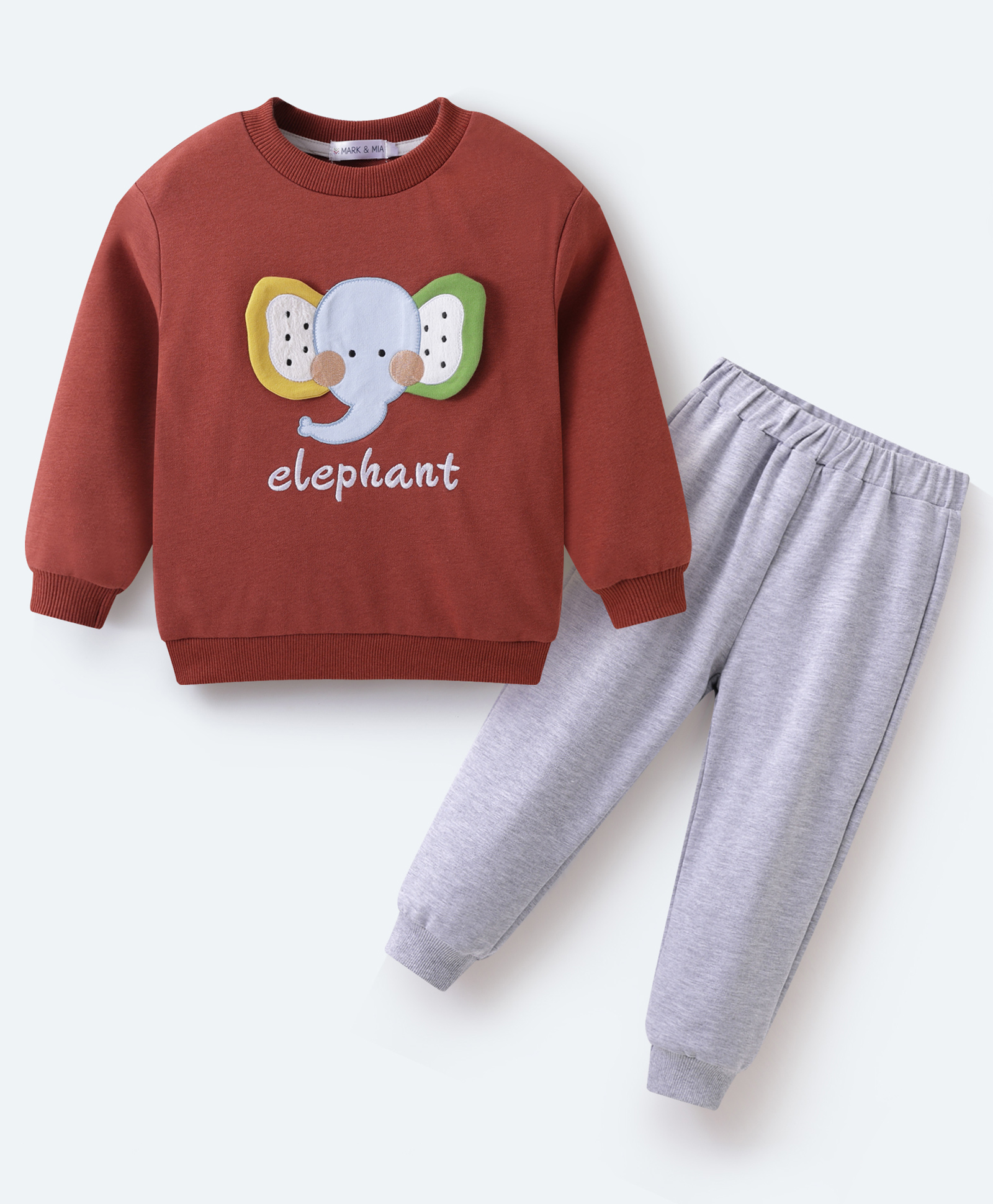 Mark & Mia Cotton Full Sleeves Winter Wear T-Shirt & Lounge Pant Set With Elephant Applique & Text Print - Rust Orange-picture-28