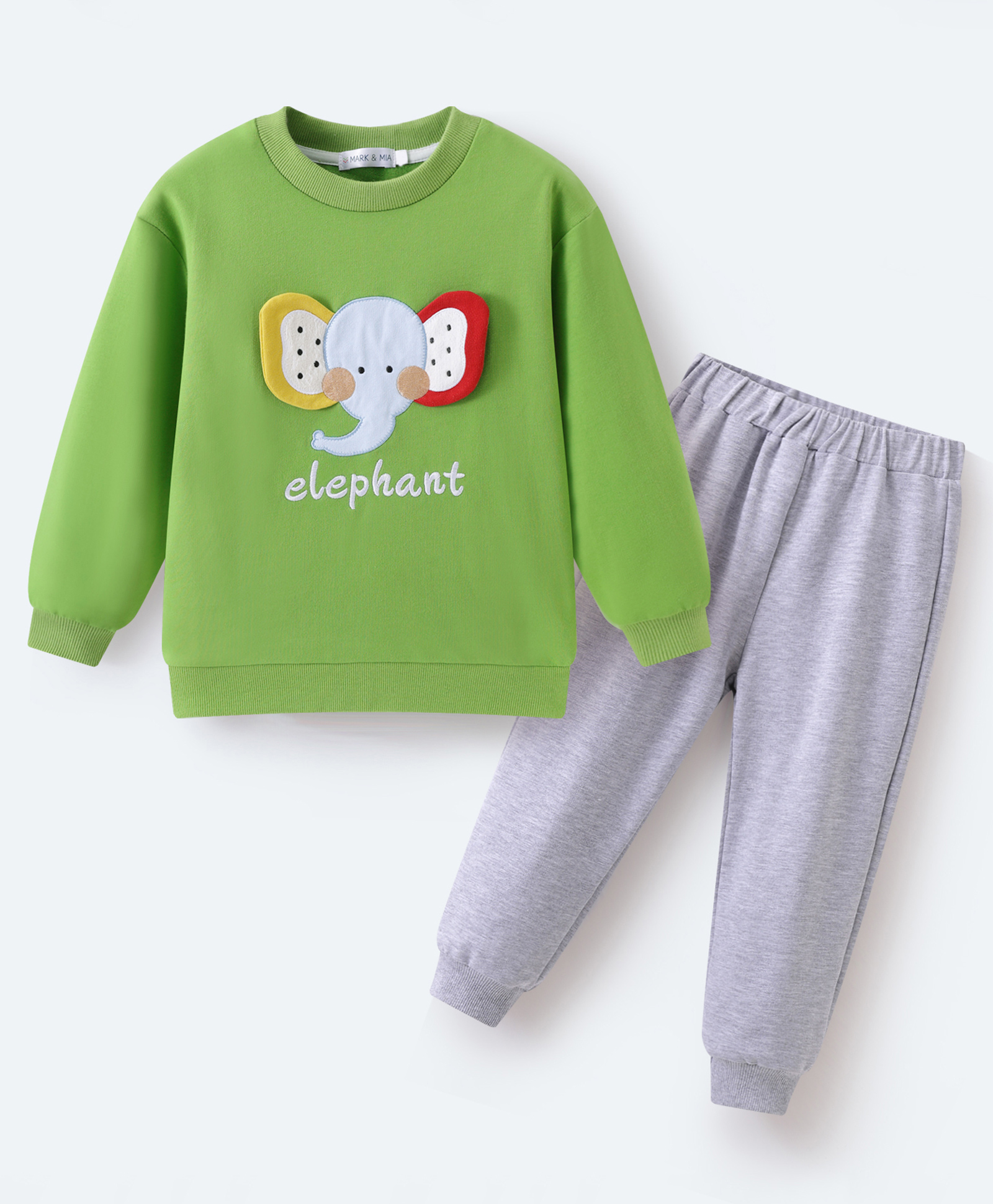 Mark & Mia Cotton Full Sleeves Winter Wear T-Shirt & Lounge Pant Set With Elephant Applique & Text Print - Green-image-20
