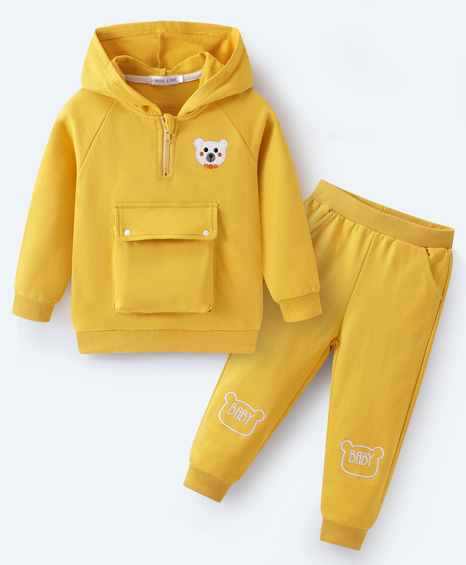 Mark & Mia Cotton Full Sleeves Winter Wear With Hooded T-Shirt & Joggers Set With Bear Embroidery & Pocket - Yellow-image-13