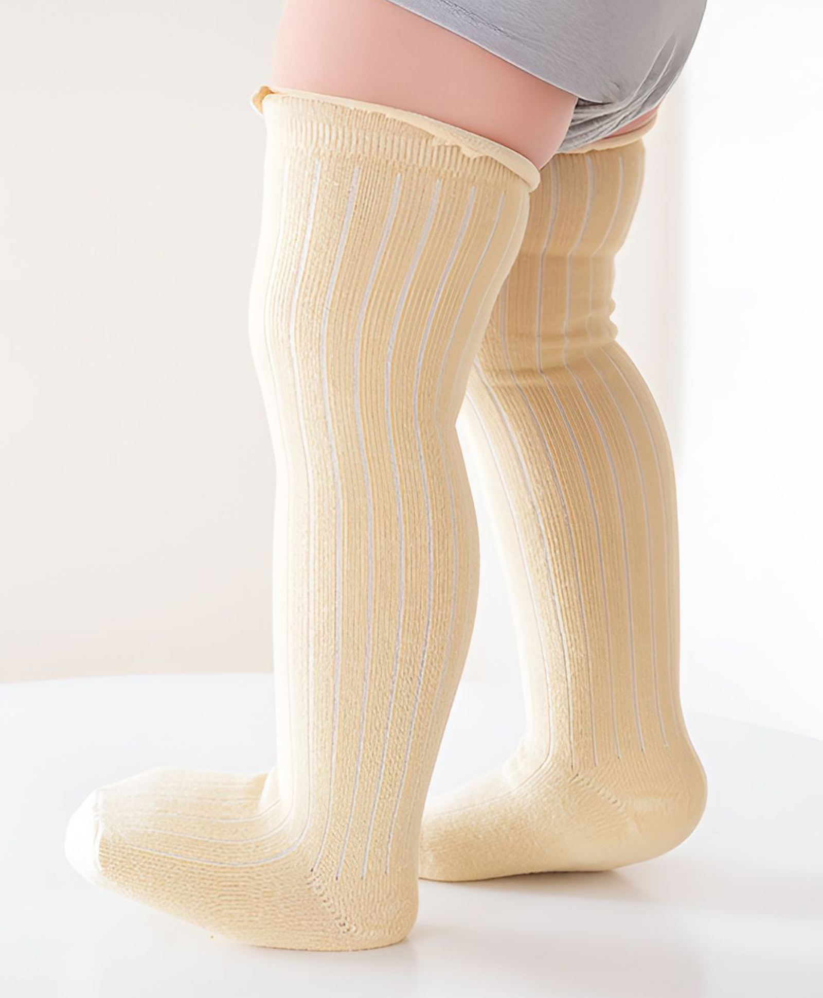 SYGA Cotton Knee Length Solid Color Ribbed Socks - Khaki-picture-36