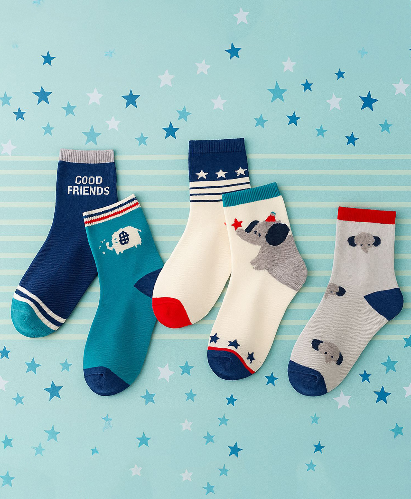 SYGA Cotton Ankle Length Star & Elephant Designed Socks Pack of 5- Multicolor-picture-30