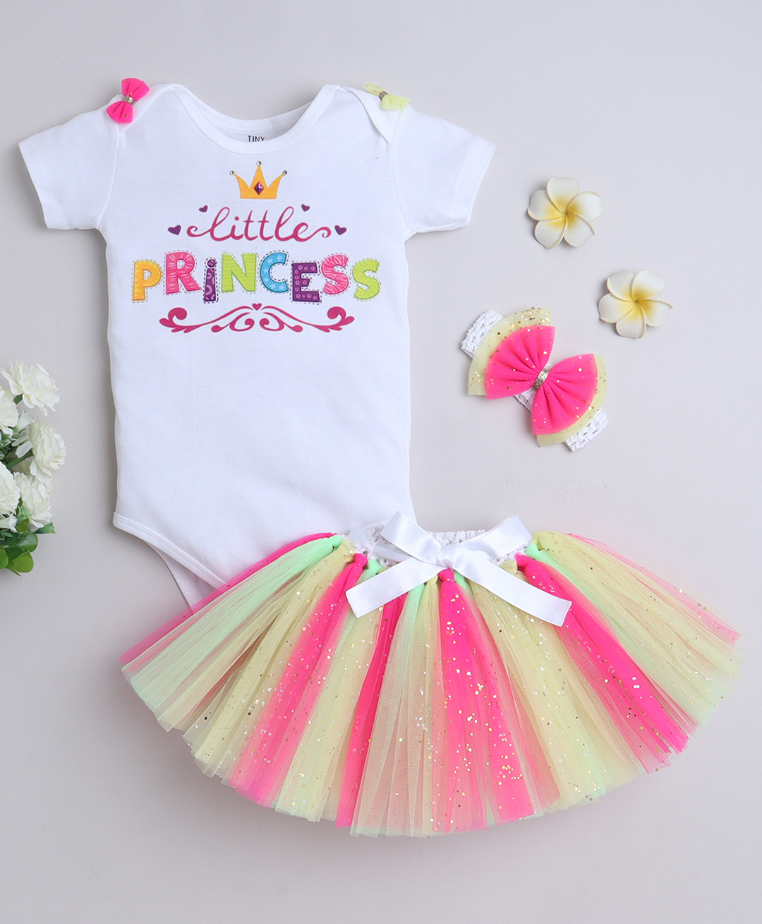 TINY MINY MEE Knit Half Sleeves Little Princess Printed Detailed Bodysuit With Net Tutu Skirt And Headband - Multicolor-image-33