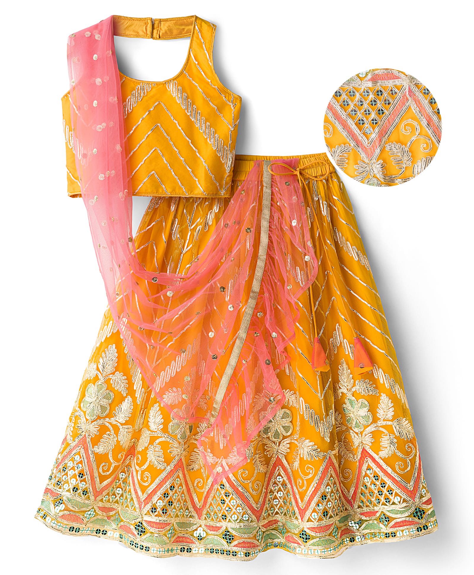 EARTHY TOUCH Woven Sleeveless Choli Lehenge & Dupatta Set With Floral Embriodery - Yellow-picture-21
