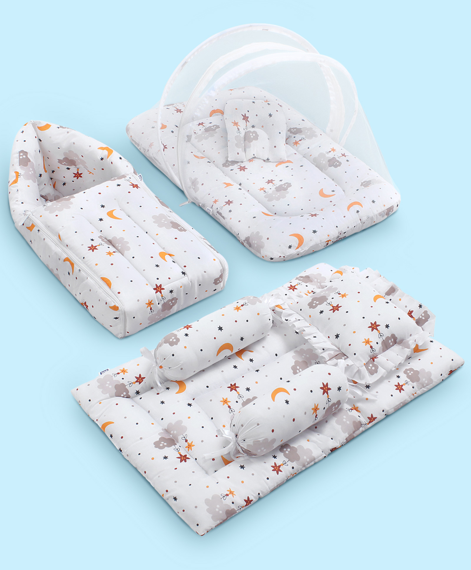 ZOE Bedding Set, Sleeping Bag & Mosquito Net Gadda Combo Set of 3- White-Moon Star| 100% Cotton Fabric| New Born Gifting| Boys & Girls| Pillow & Bolsters| Travel Friendly| Breathable Baby Safe Fabric