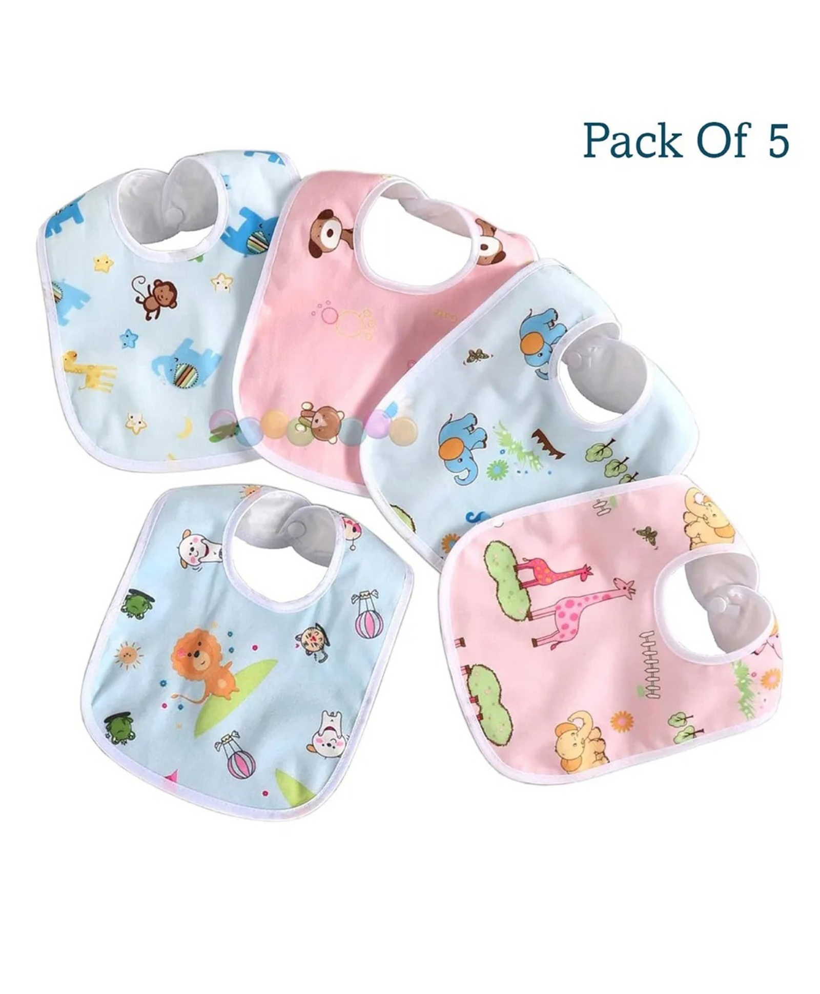 Mihar Essentials Waterproof Feeding Bibs with Snap Button Closure Animal Print Pack of 5- Multicolour (Print May Vary)-image-7