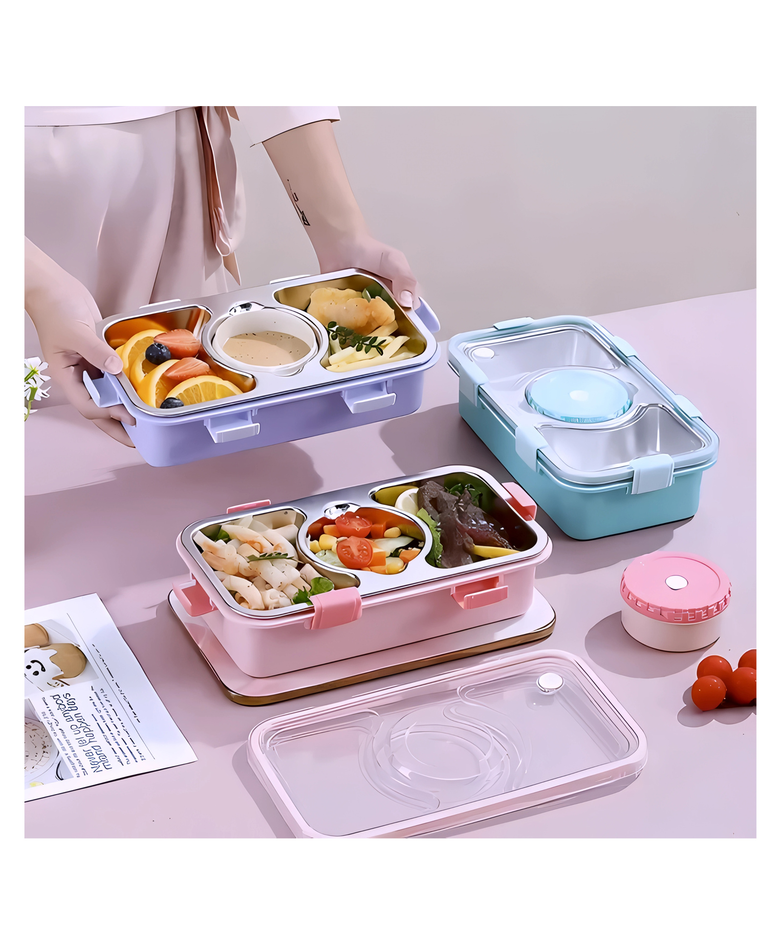 Elecart 3-Compartment Steel Lunch Box Leakproof & Insulated (650ml+150ml) with Cutlery ( Pack 1 Random Colour)-picture-28