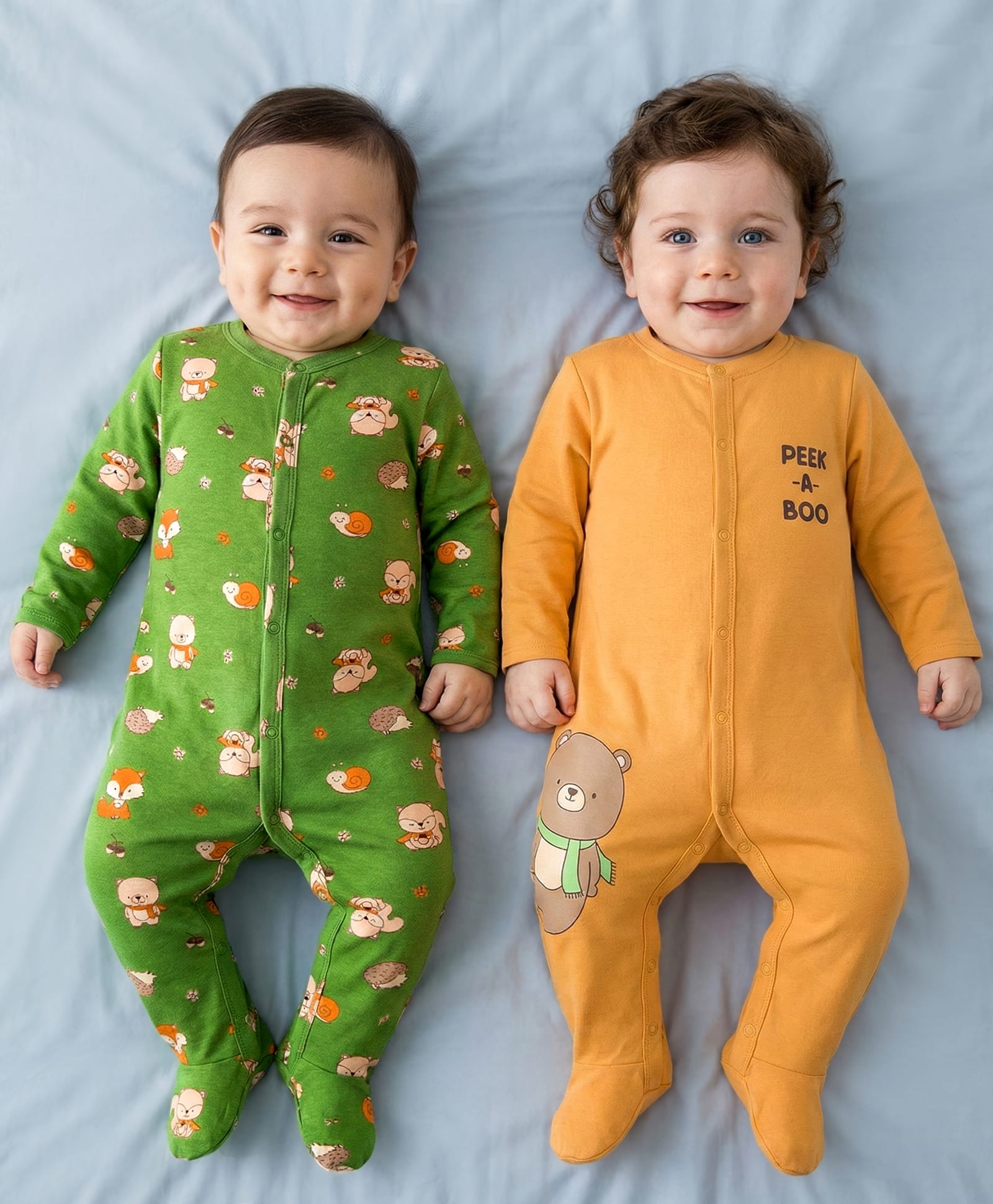 Babyoye 100% Cotton Knit Eco Jiva Full Sleeves Footed Sleep Suits with Animal Print Pack of 2 - Green & Mustard-picture-34