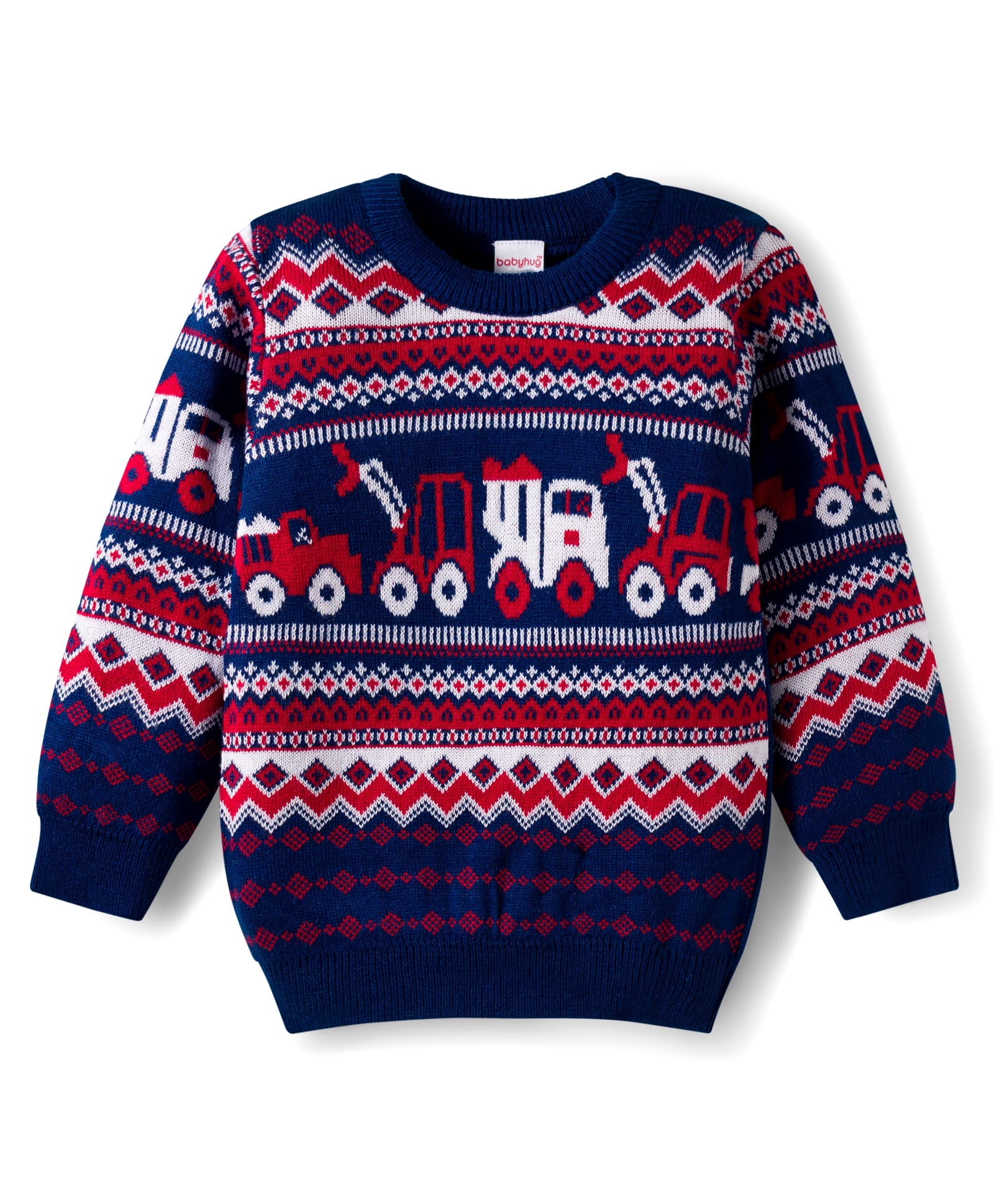 Babyhug Knit Full Sleeves Pullover Sweater with Fair Isle Truck Design - Navy Blue-image-37
