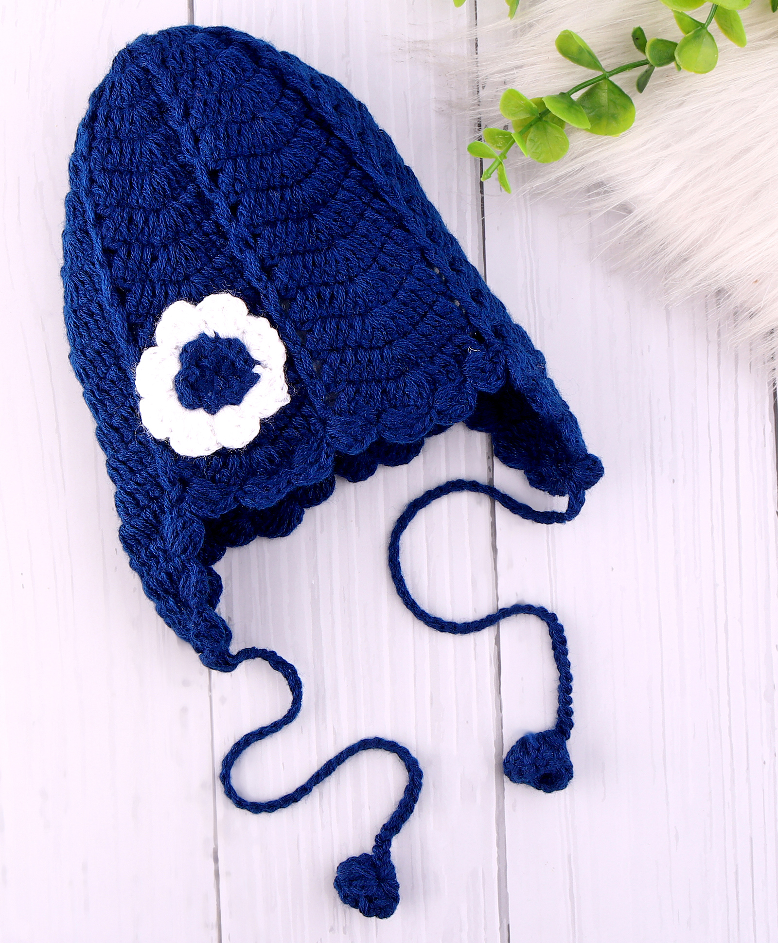 Babyhug Woollen Knit Cap With Floral Applique Navy Blue - 12 cm Diameter-image-20