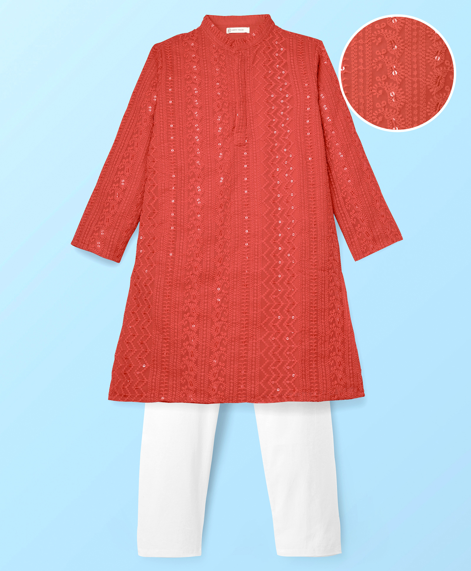 EARTHY TOUCH Georgette Woven Full Sleeves Kurta Pyjama Set with Sequin & Kantha Embroidery - Red-image-40