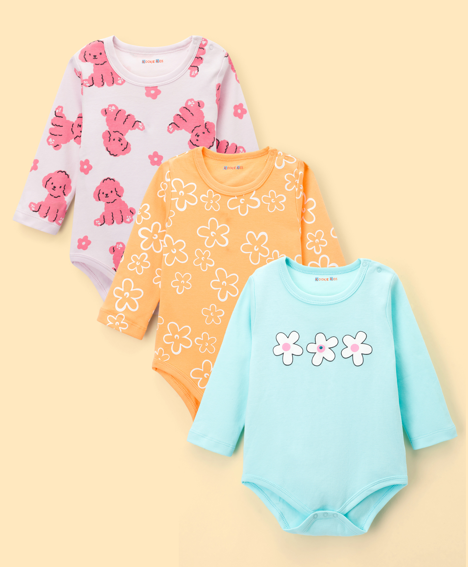 Kookie Kids Interlock Knit Full Sleeves Onesies With Floral & Animal Print Pack of 3 - Orange Light Blue & White-image-41