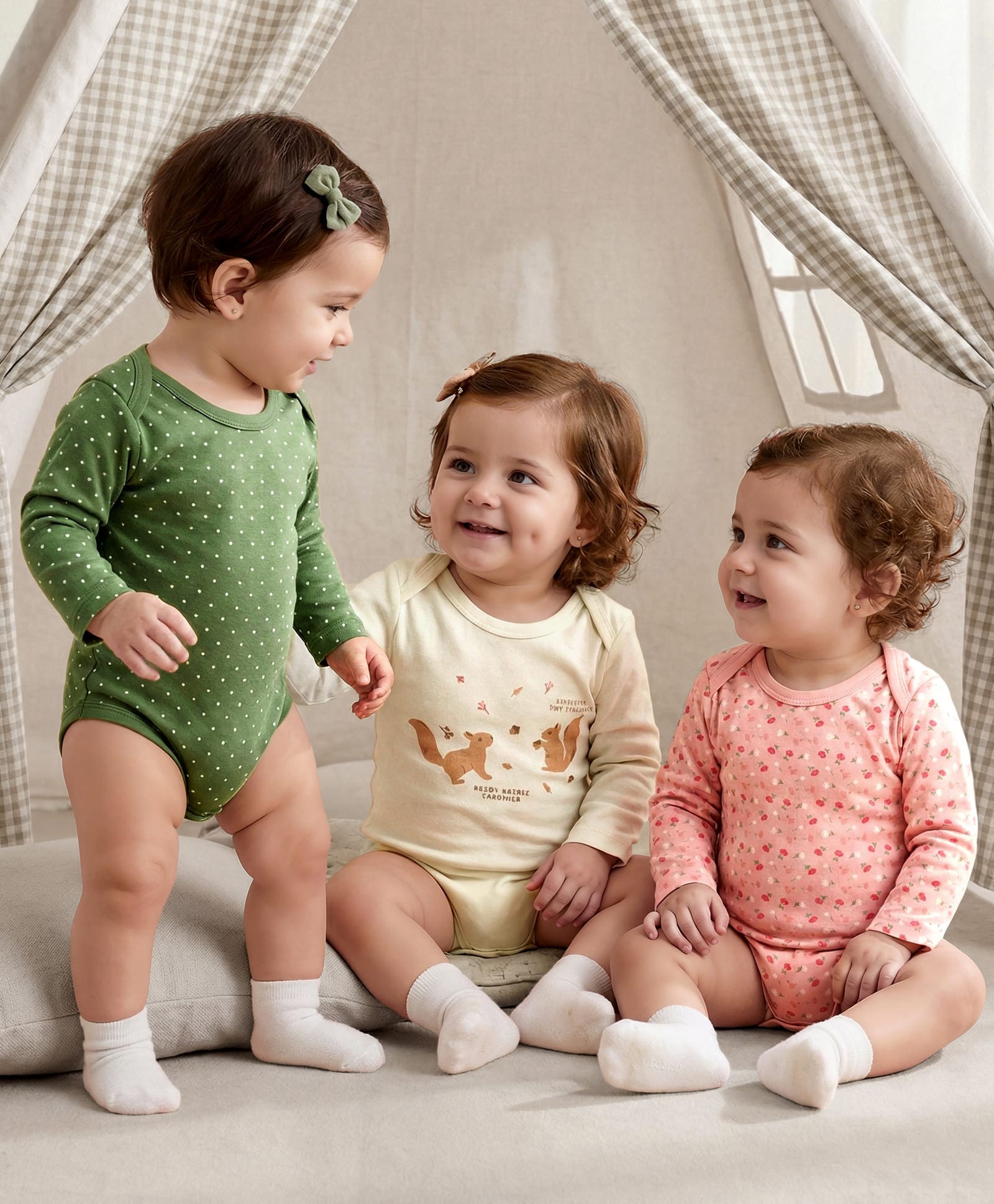 Kookie Kids Interlock Knit Full Sleeves Squirrel & Floral Printed Onesies Pack of 3 - Beige Green & Pink-image-35