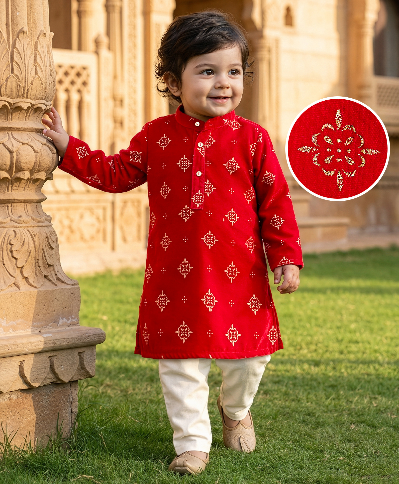 EARTHY TOUCH Velvet Woven Full Sleeves Kurta Pyjama Set with Floral Print - Red-picture-21