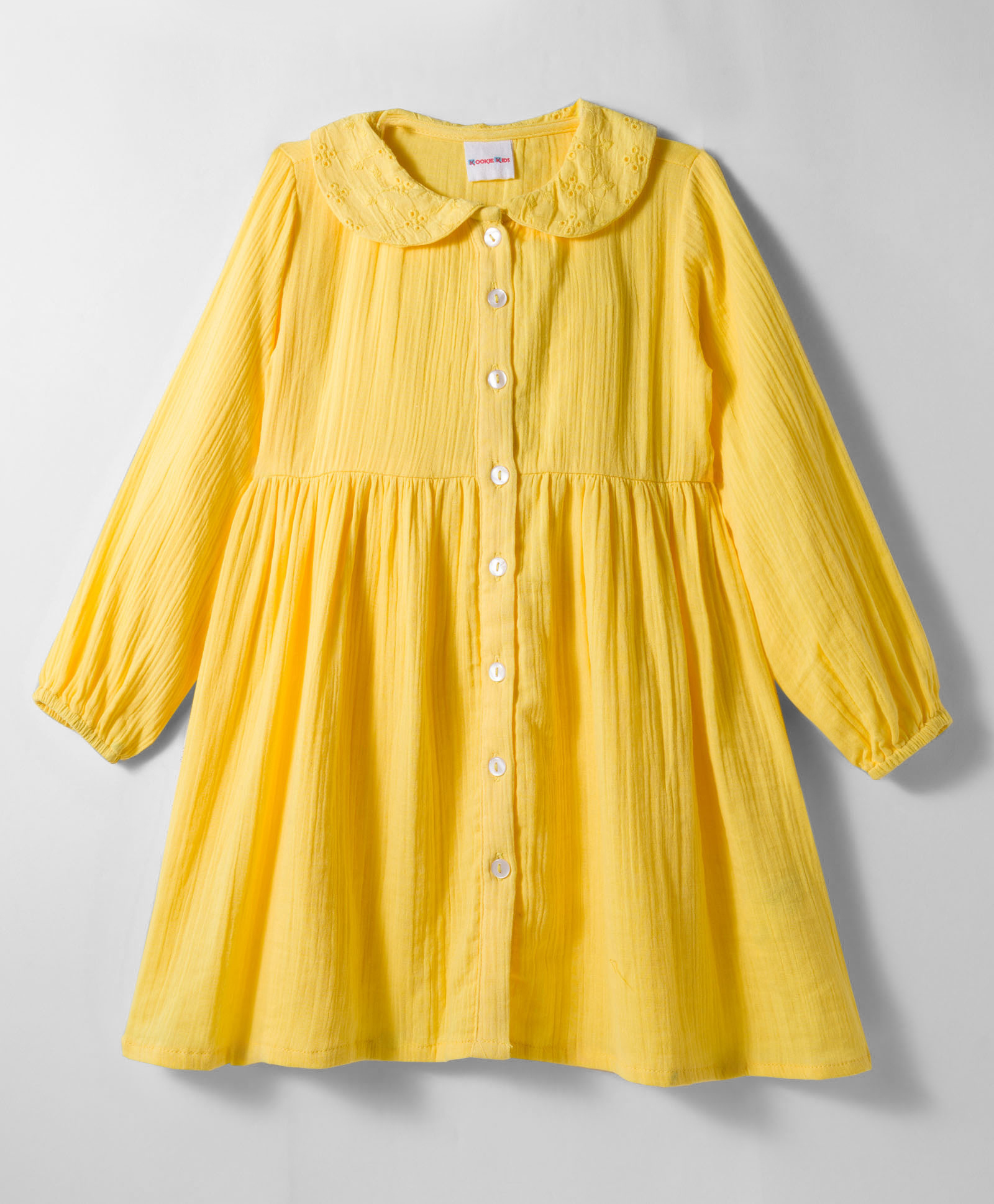 kookie kids india Kookie Kids Cotton Woven Full Sleeves Solid Schiffli Collar Front Open Full Sleeves Gauz Dress - Yellow-picture-25