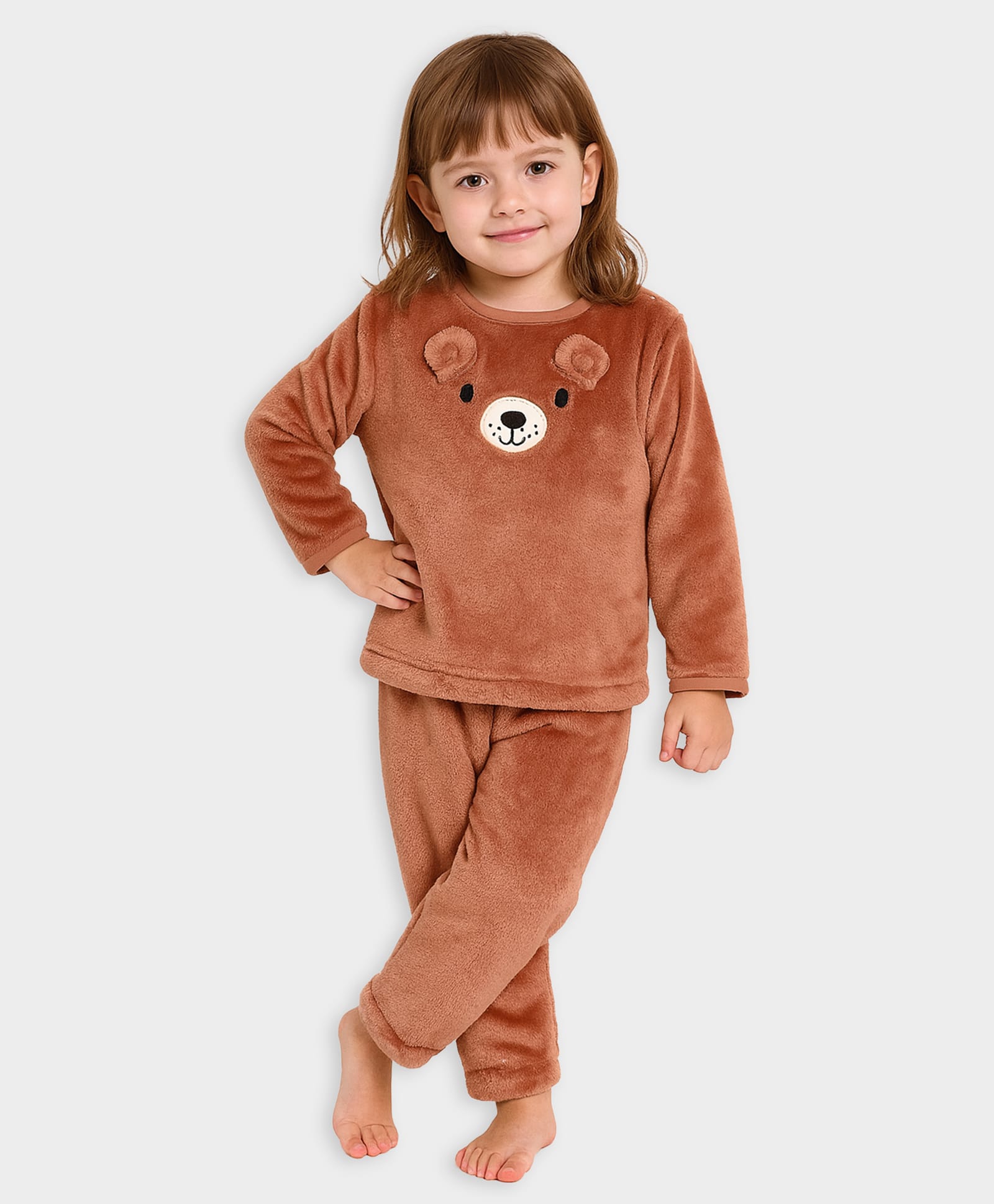Mi Arcus Knit Full Sleeves Koala Embroidered Fur Detailed Sweatshirt & Pajama Set - Rust Orange-image-14