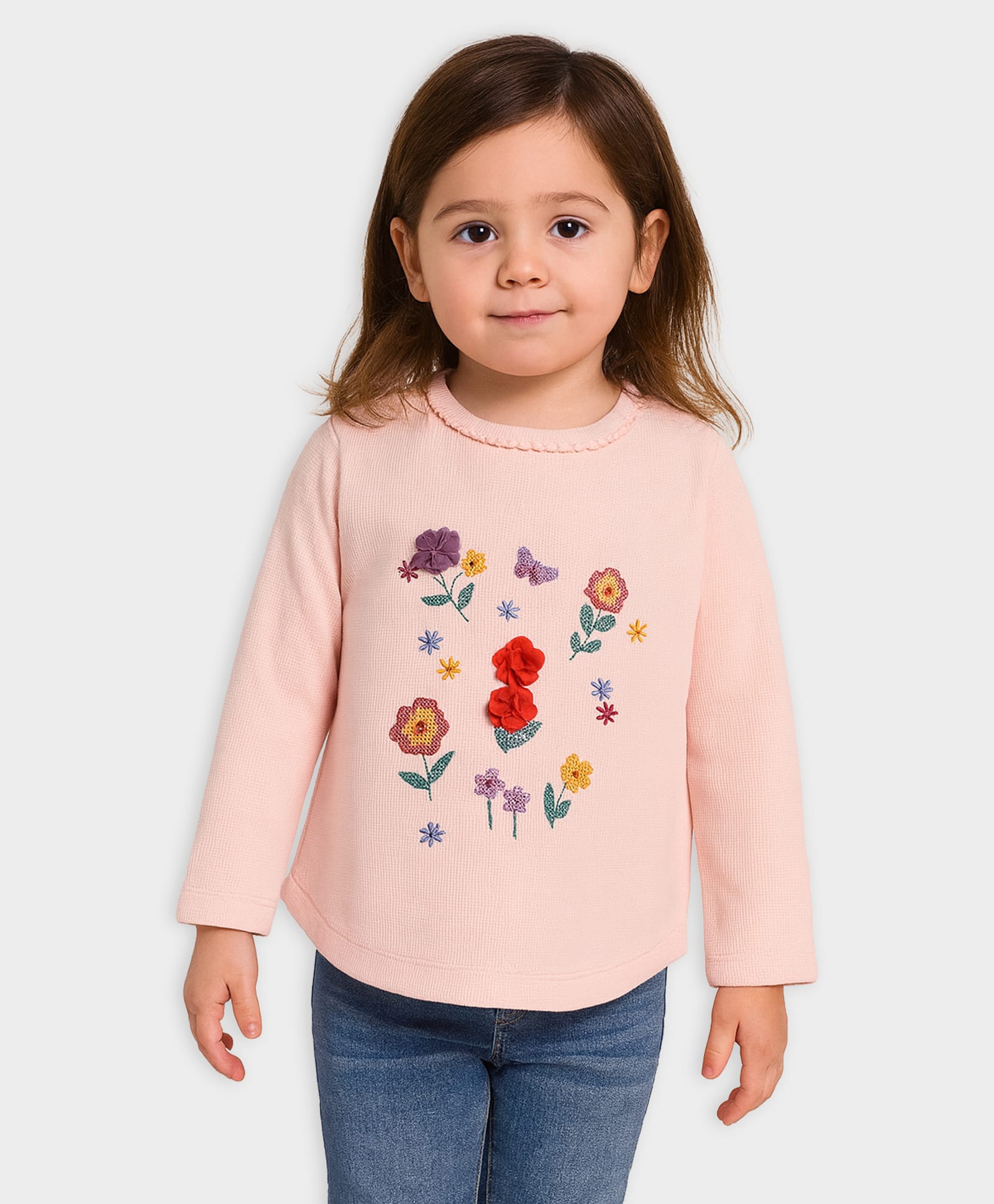 Mi Arcus 100% Cotton Knit Full Sleeves Floral Embroidered & Applique Detailed Tee - Peach-image-26