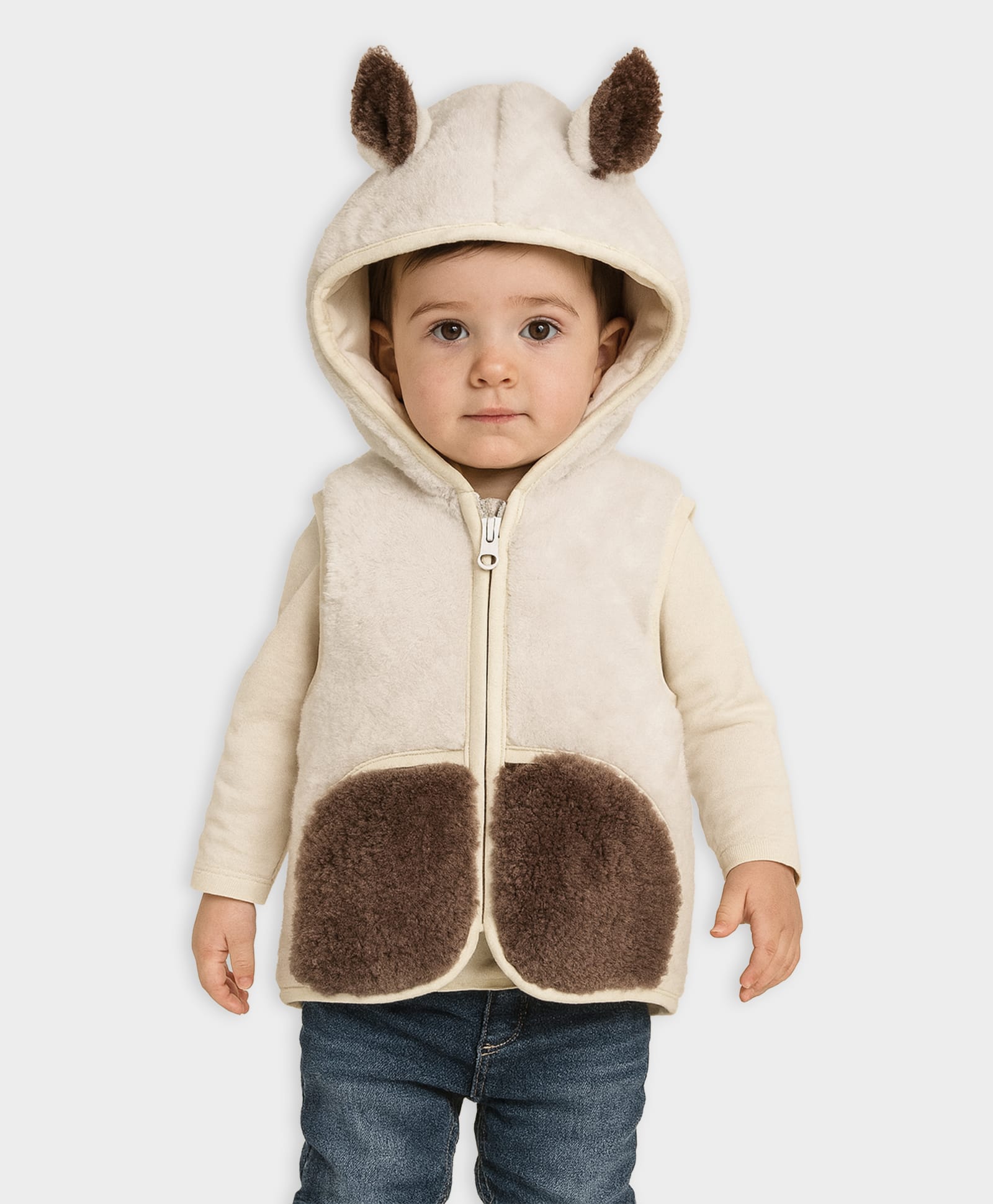 Mi Arcus Knit Sleeveless Fur & Ear Applique Detailed Winter Hooded Jacket - Cream & Brown-picture-34