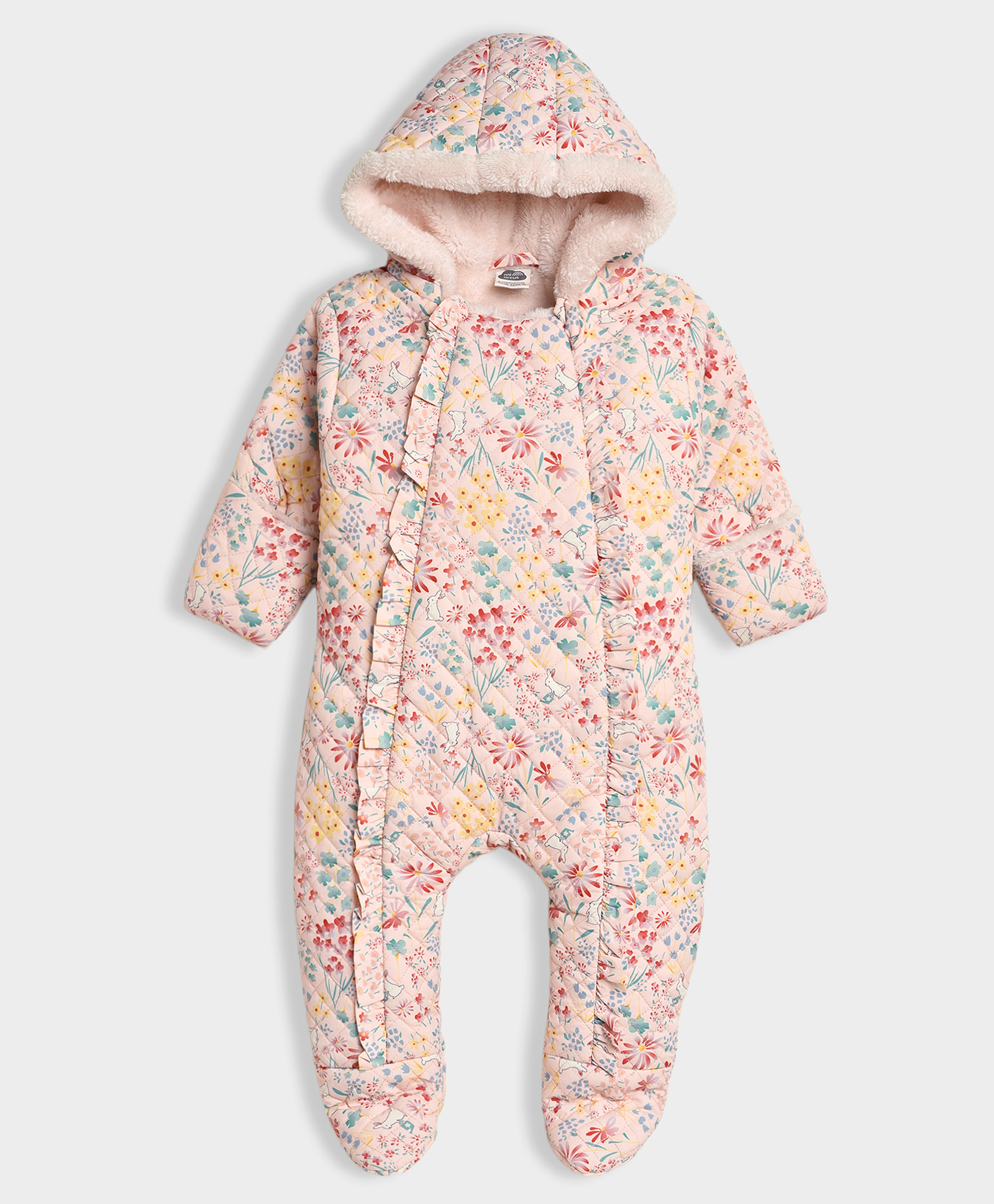 Mi Arcus Woven Full Sleeves Floral Printed Footed Hooded Sleepsuit - Peach-picture-40
