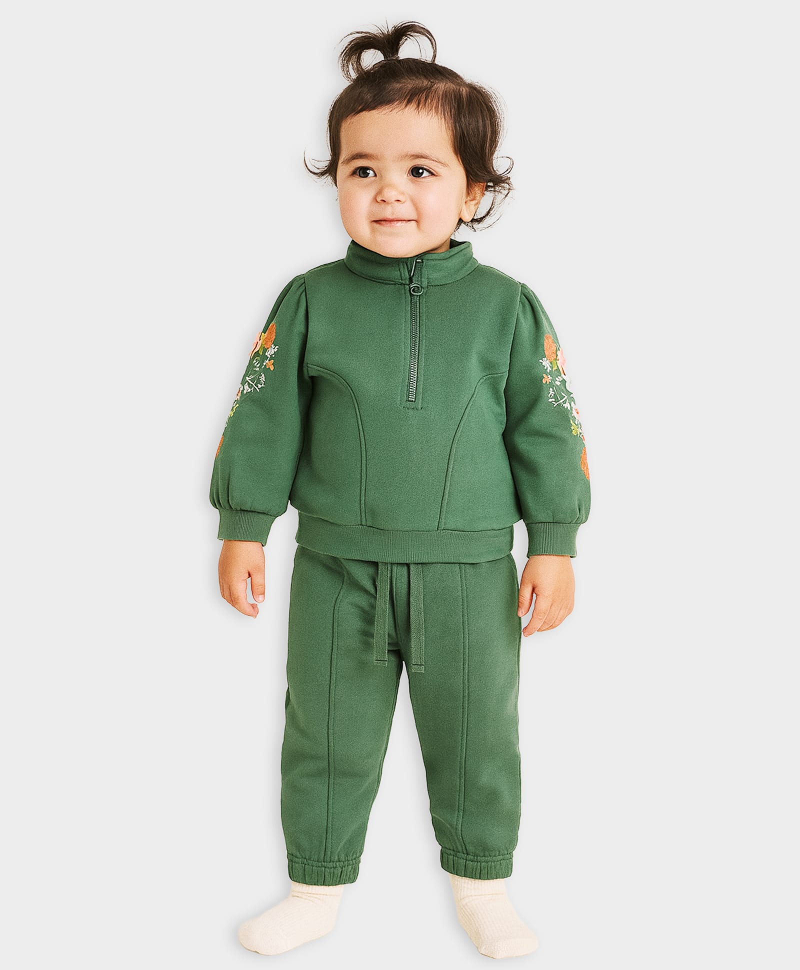 Mi Arcus Knit Full Sleeves Floral Embroidered Zipper Sweatshirt & Joggers Set - Green-image-13