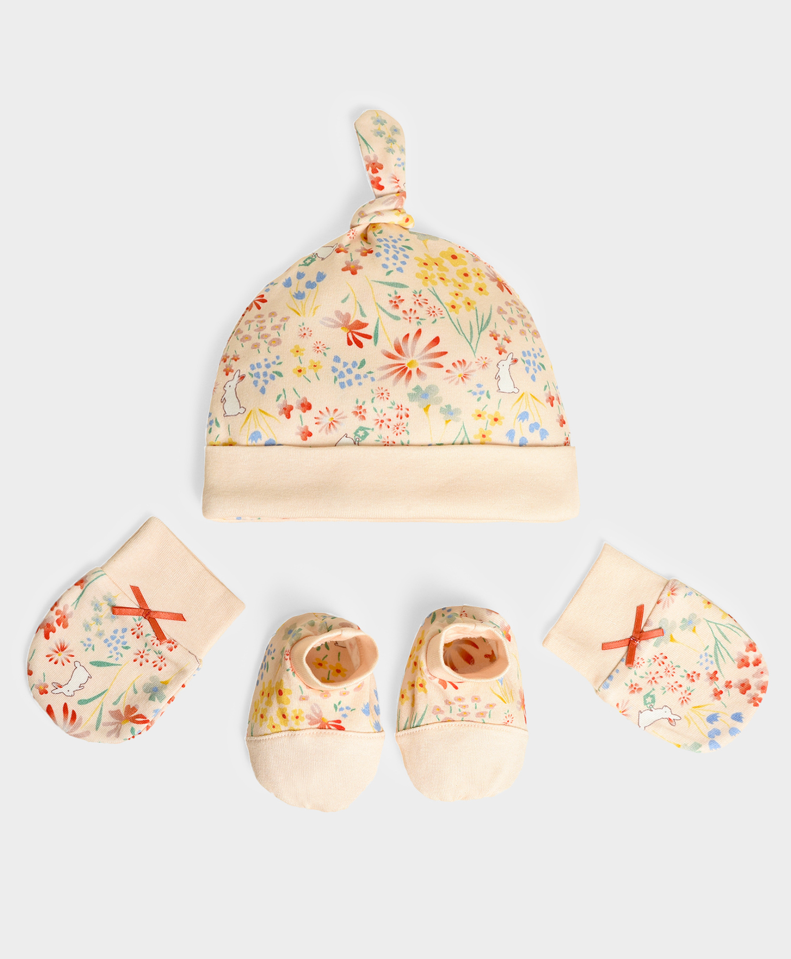 Mi Arcus Cotton Spandex Knit Pack Of 3 Floral Printed Cap With Booties & Mittens Set - Peach-image-41
