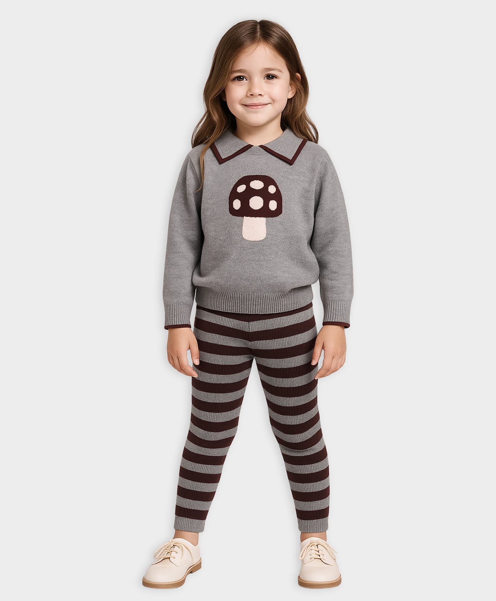 Mi Arcus Knit Full Sleeves Mushroom Designed Sweater & Striped Pajama Set - Grey & Brown-picture-40