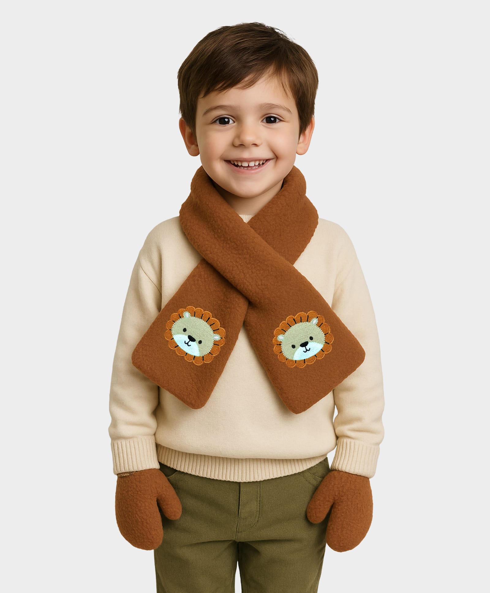 Mi Arcus Baby Lion Face Embroidered Muffler with Mittens Set - Brown-picture-24