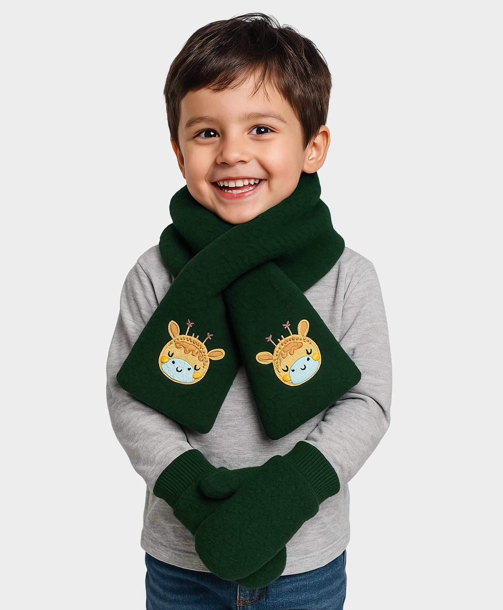 Mi Arcus Cute Giraffee Face Embroidered Muffler with Mittens Set - Green-picture-26