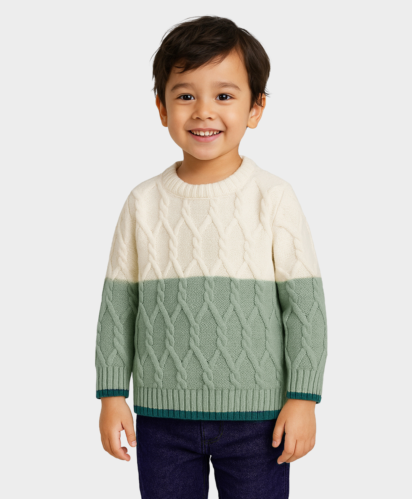 Mi Arcus Knit Full Sleeves Colour Blocked Sweater - Cream & Green-picture-13