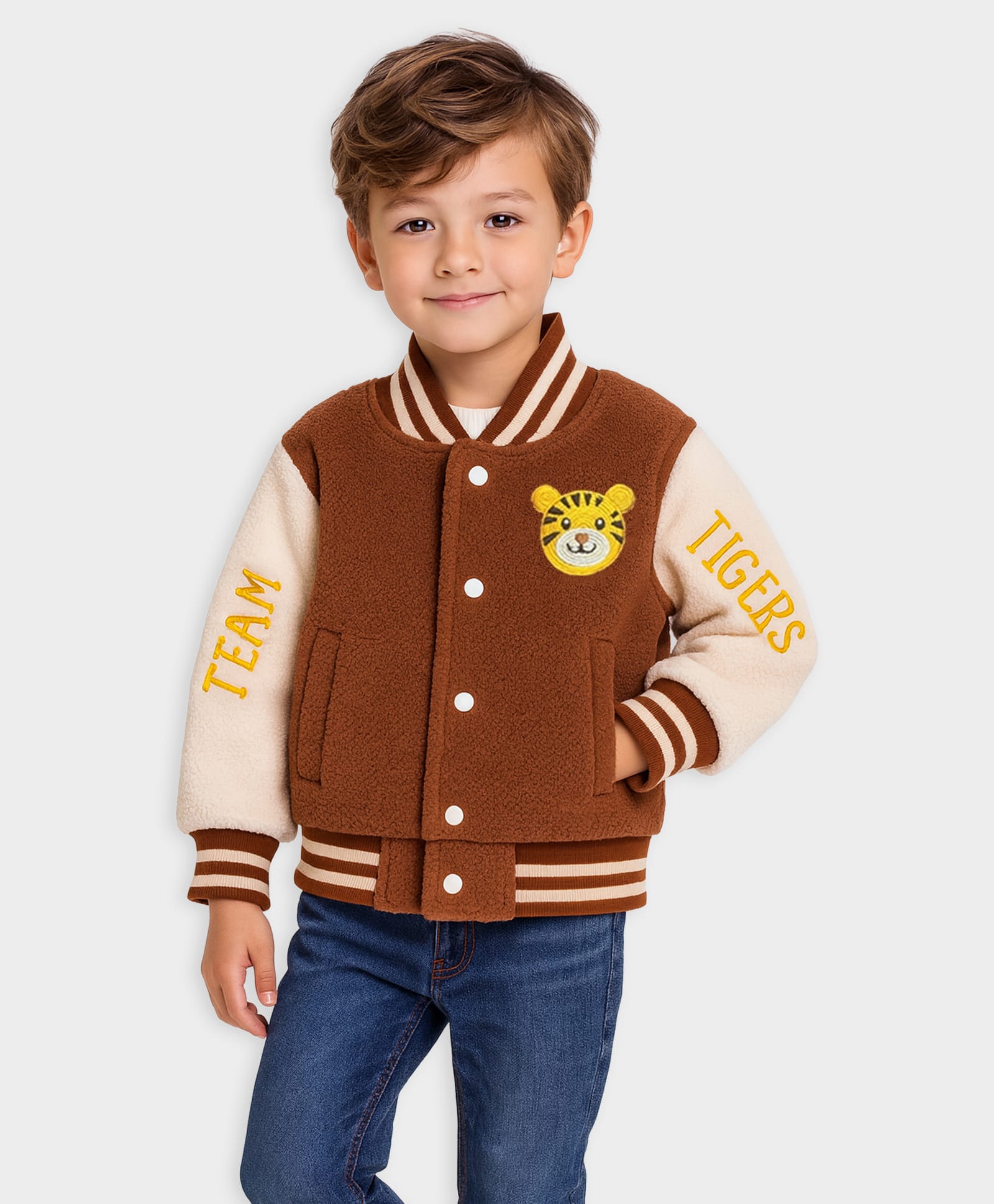 Mi Arcus Knit Full Sleeves Tiger Face Embroidered Jacket - Brown-image-16