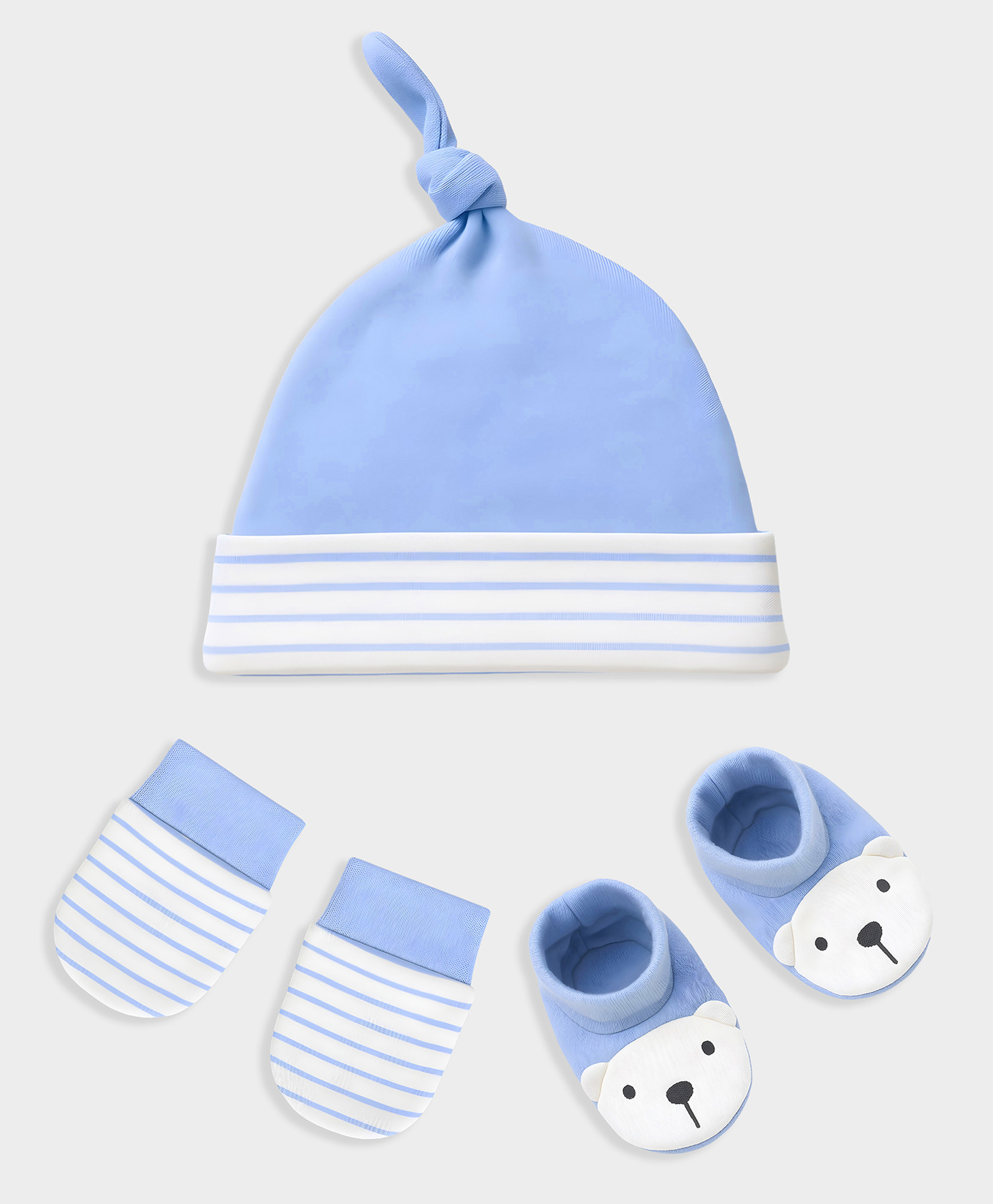 Mi Arcus 100% Cotton Striped & Animal Face Applique Detailed Cap Mittens & Booties Set - Blue & White - Circumference 38 Cm-image-36
