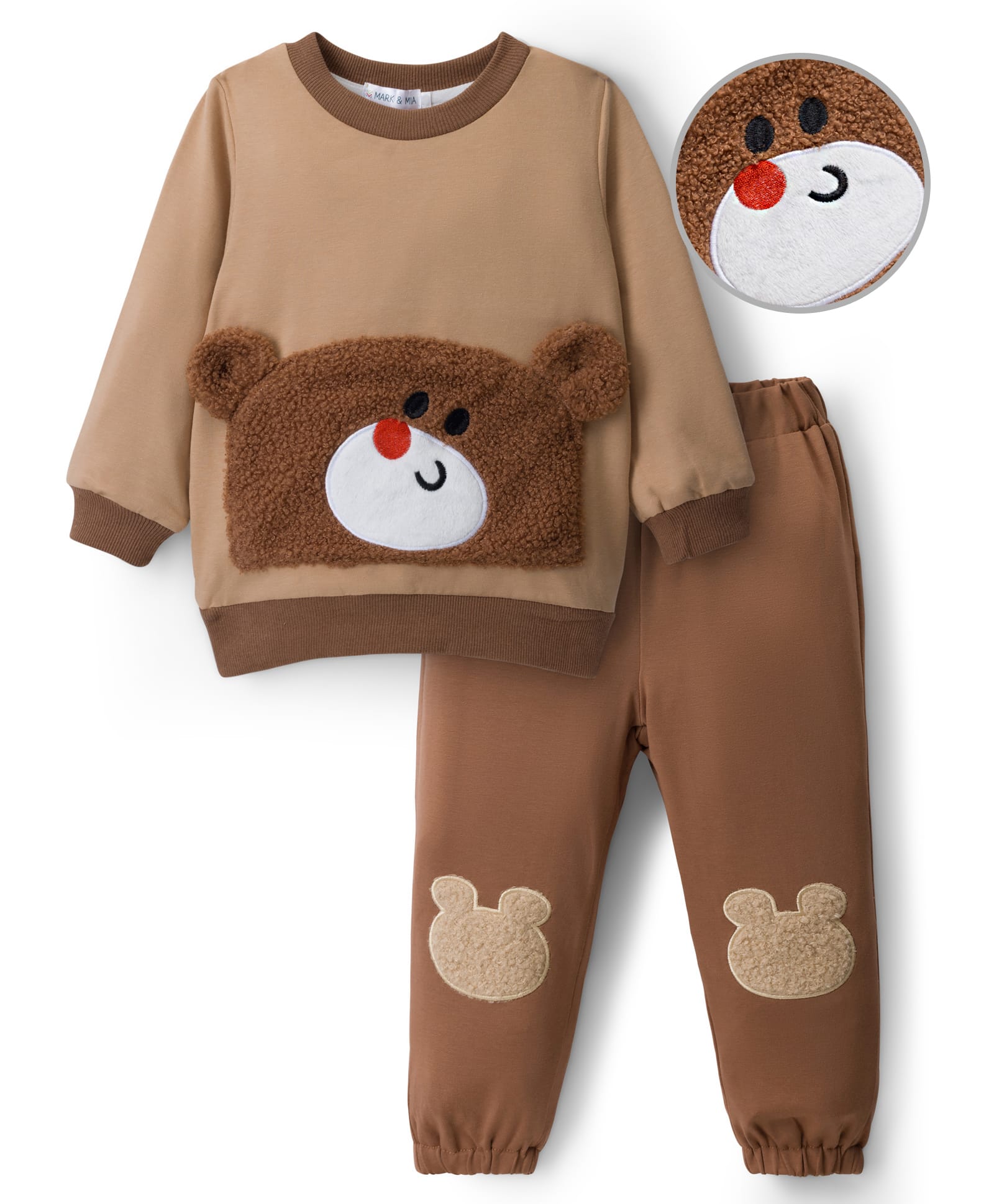 Mark & Mia Full Sleeves Winter Wear T-Shirt & Joggers Set With Animal Applique - Brown & Tan-image-11