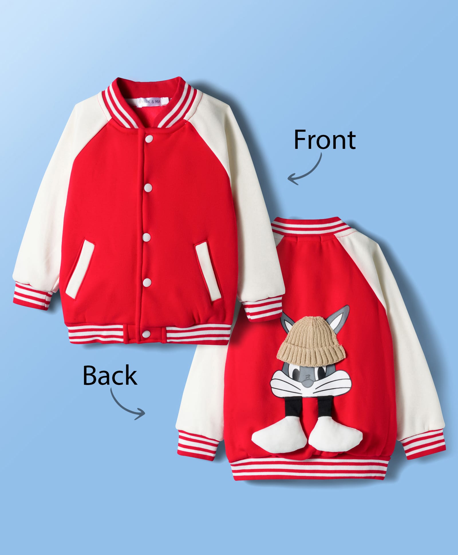 Mark & Mia Raglan Full Sleeves Bomber Jacket With Bunny Print & Applique - Red-image-46
