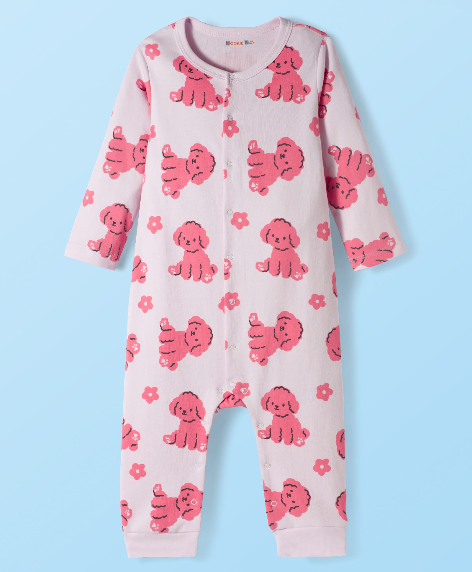 Kookie Kids Interlock Knit Full Sleeves Romper with Dog Print - Pink-image-22
