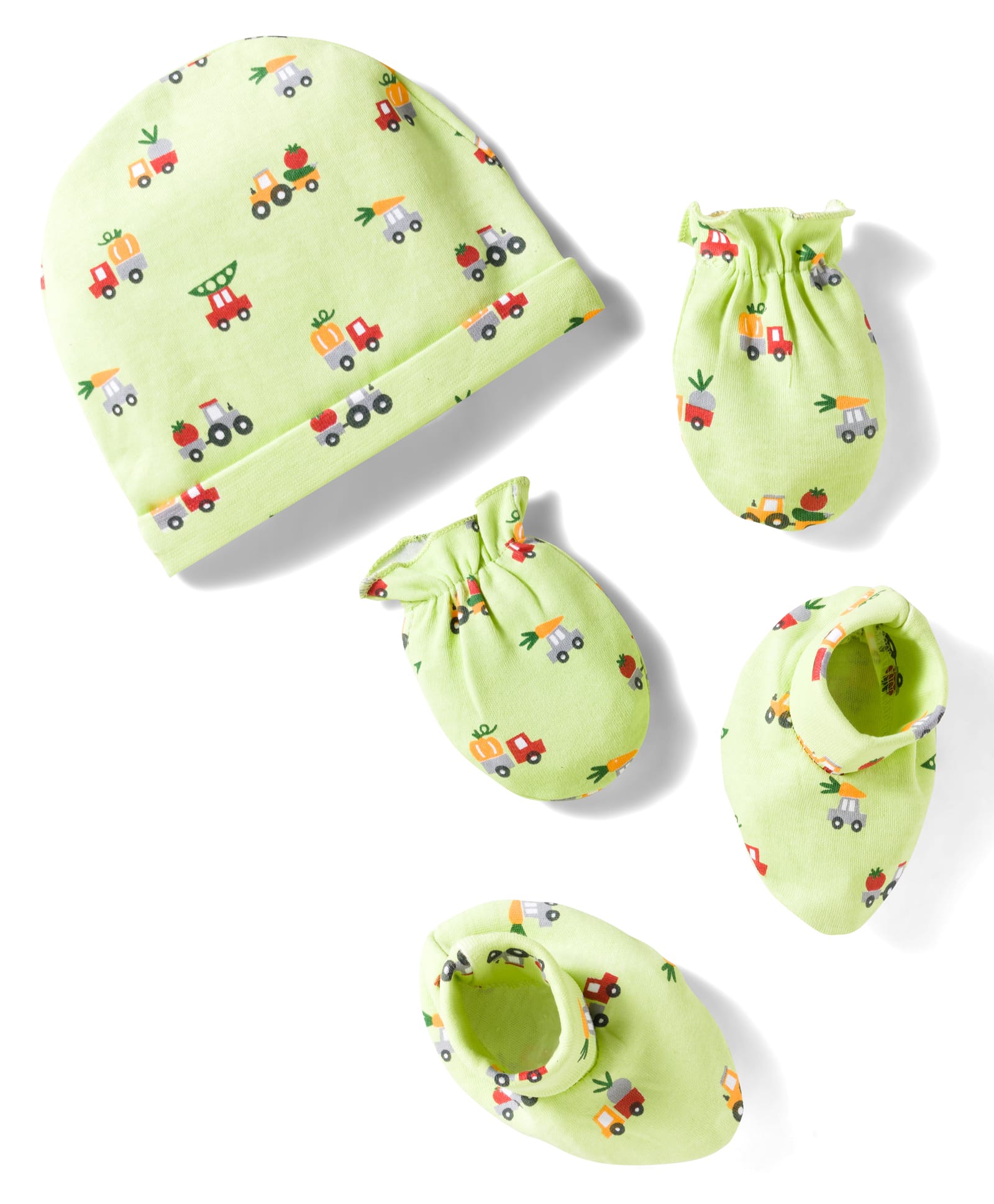 Babyhug 100% Cotton Cap Mittens & Booties Set With Vehicle Print Lime Green - Diameter 16 cm-image-46