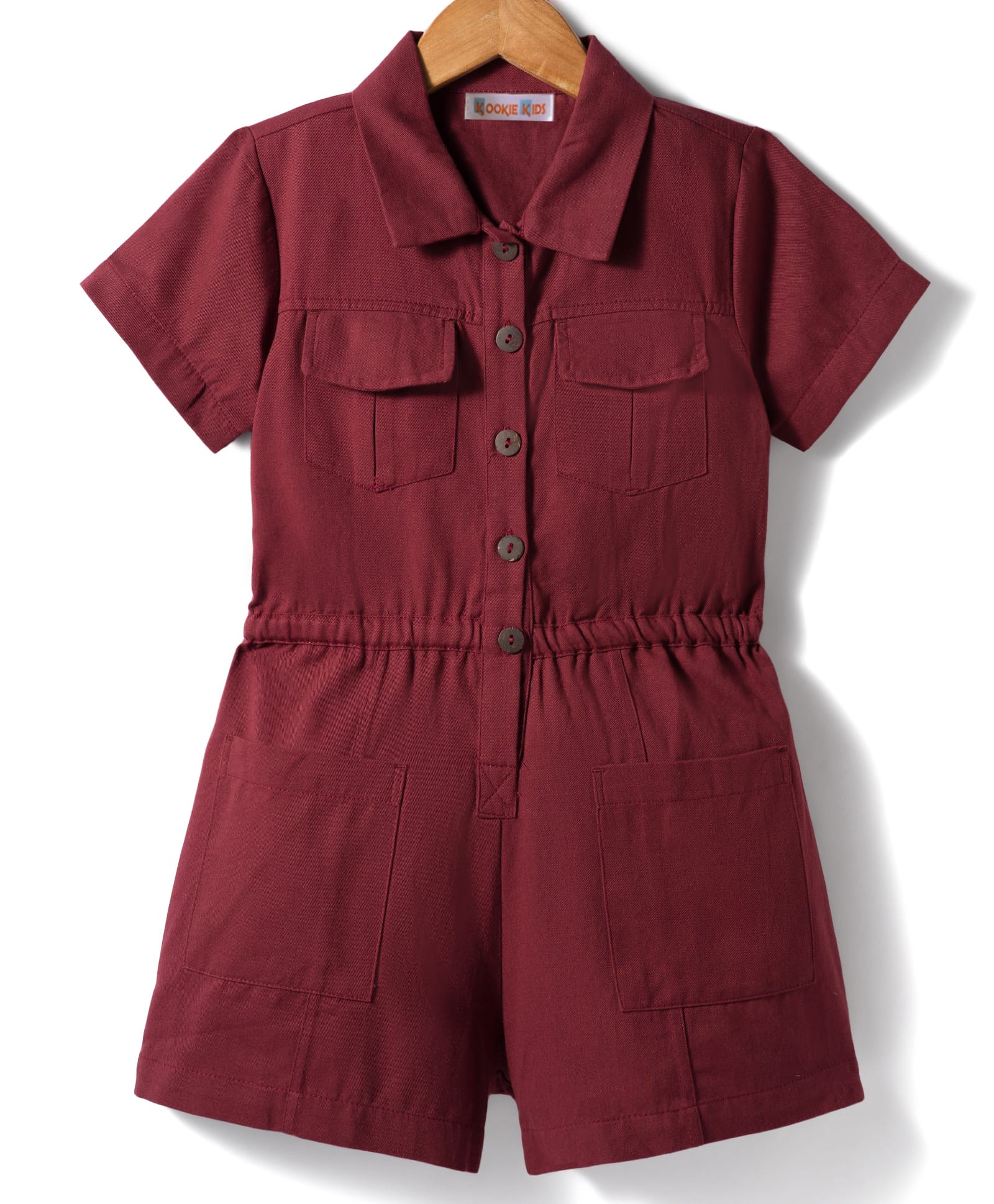 kookie kids india Kookie Kids Cotton Woven Half Sleeves Front Open Solid Jumpsuit - Brown-picture-14