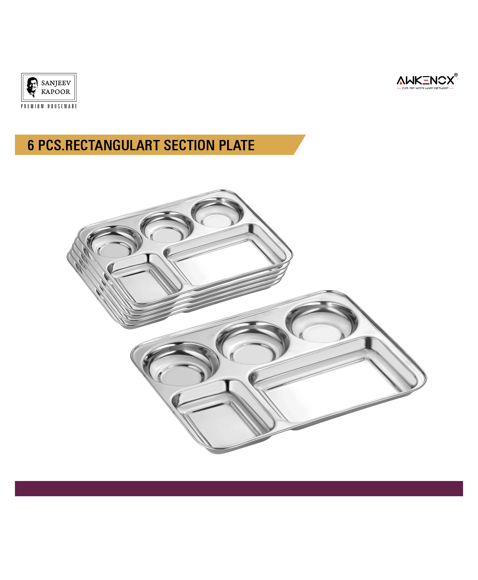 Sanjeev Kapoor Stainless Steel Rectangular Section Plate Set, 6 Pcs | Hexa Design | Dinner Serving Plate for Dining | Premium Kitchenware-image-25